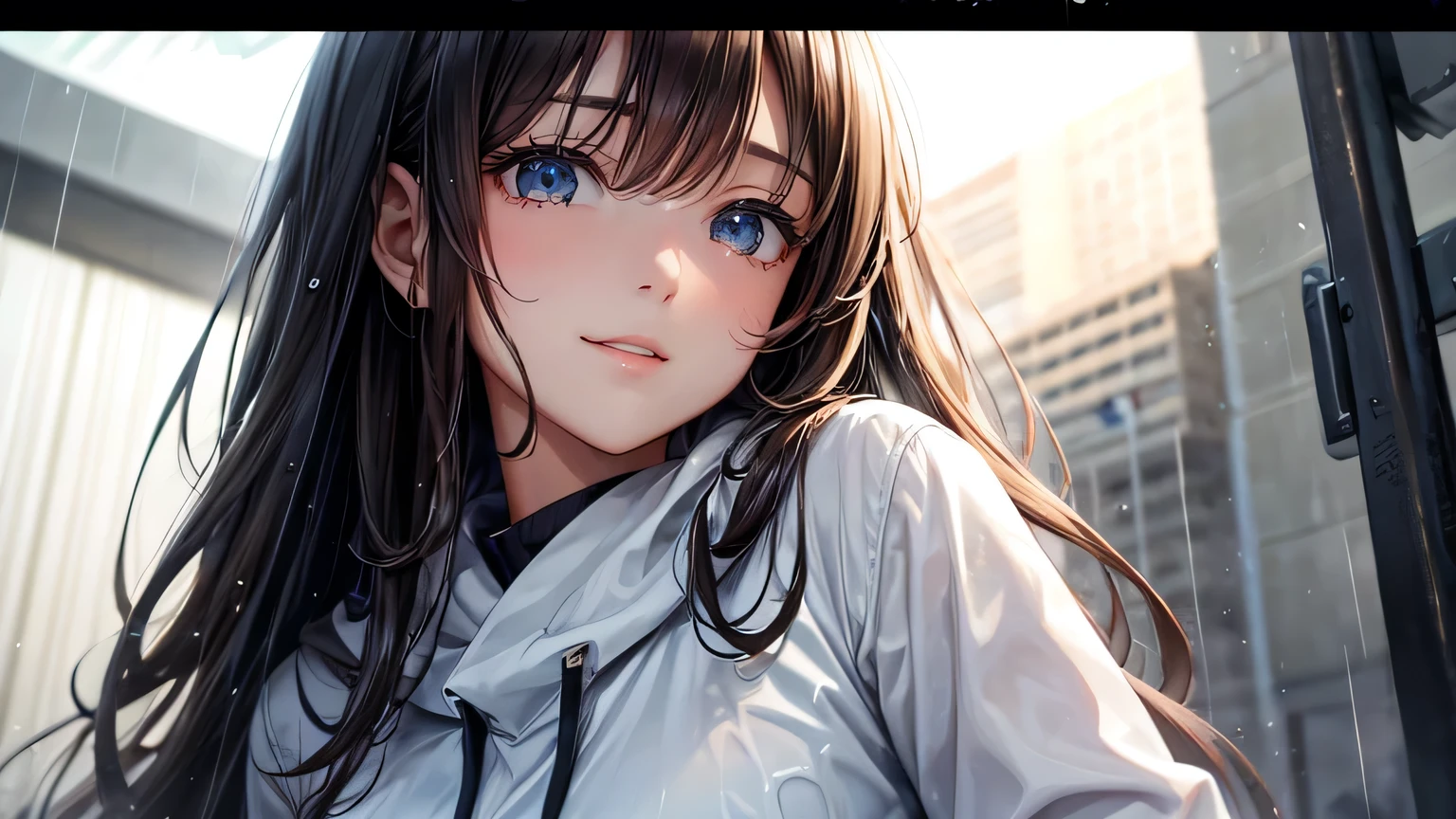 A gentle smile、woman、Beautiful long brown hair、White hoodie,Clothes that are wet from the rain and slightly transparent,Wet Hair,Wet clothes,office Street,rain,Weather,Ultra-high resolution, Accurate, Super detailed, Textured skin, High detail, highest quality, 8k, Detailed Hair,Detailed eyes,Focus on the face,