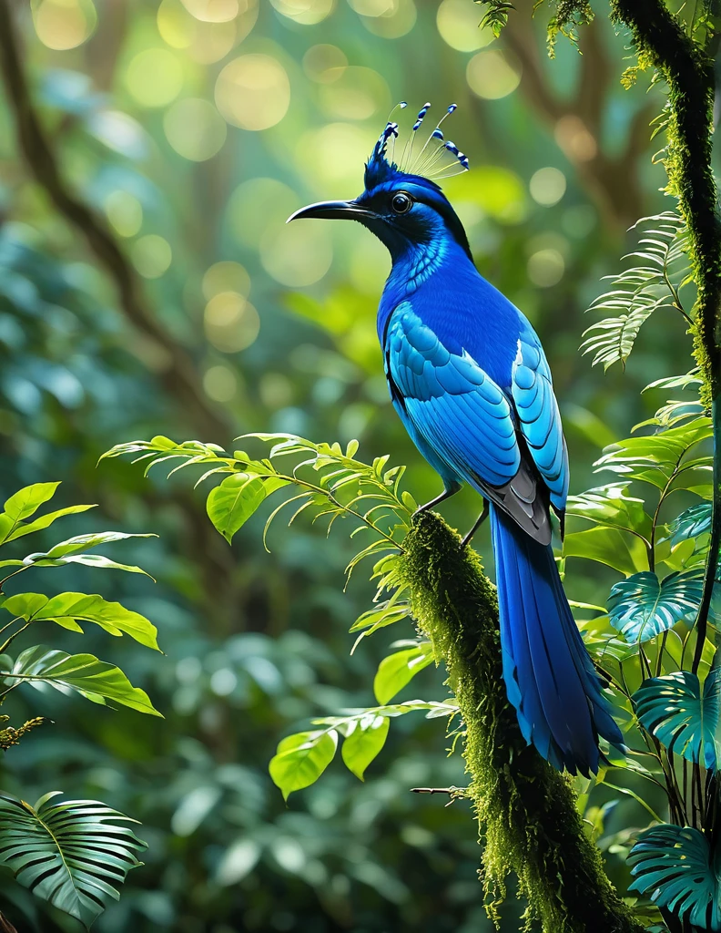 Capture the breathtaking beauty of a Brazilian blue paradise bird perched majestically on a tree stem amidst the lush Amazon forest. The scene, perfect for a National Geographic Wild feature, showcases the bird's vibrant blue plumage against a backdrop of rich, green foliage. The photograph is taken from a cliff edge, with the bokeh effect softly blurring the dense forest behind. Sunlight filters through the canopy, casting a gentle, golden glow on the bird and illuminating the forest's intricate details.
