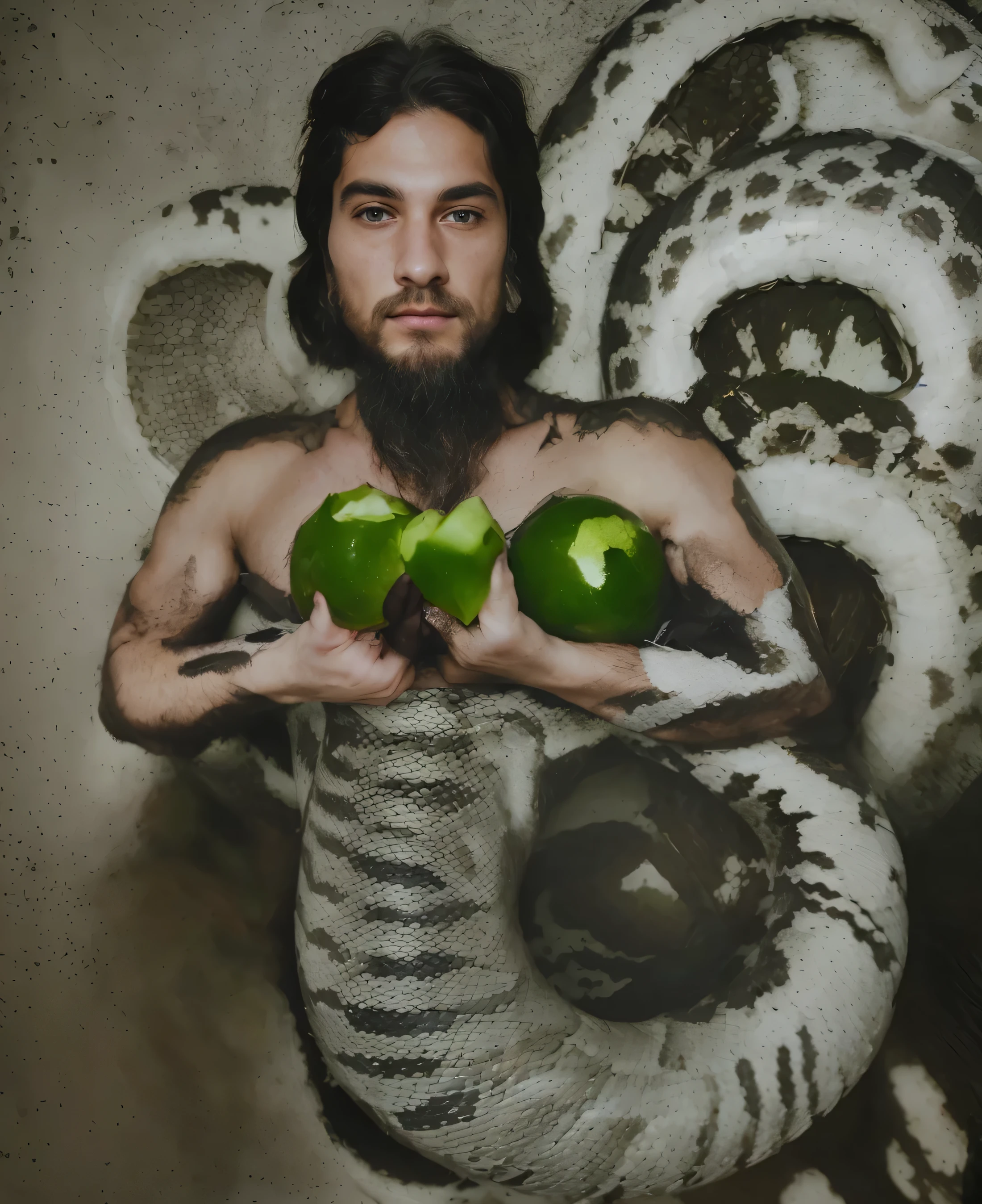 Make this photo look realistic and detailed, there is a snake man holding three green coconut in his hands, snake man, lower half of his body is snake, snake human hybrid, eugene gottsnake, very detailed potrait, realistic portrait photo, close up potrait, profile portrait, very detailed face, very realistic face, very perfected face