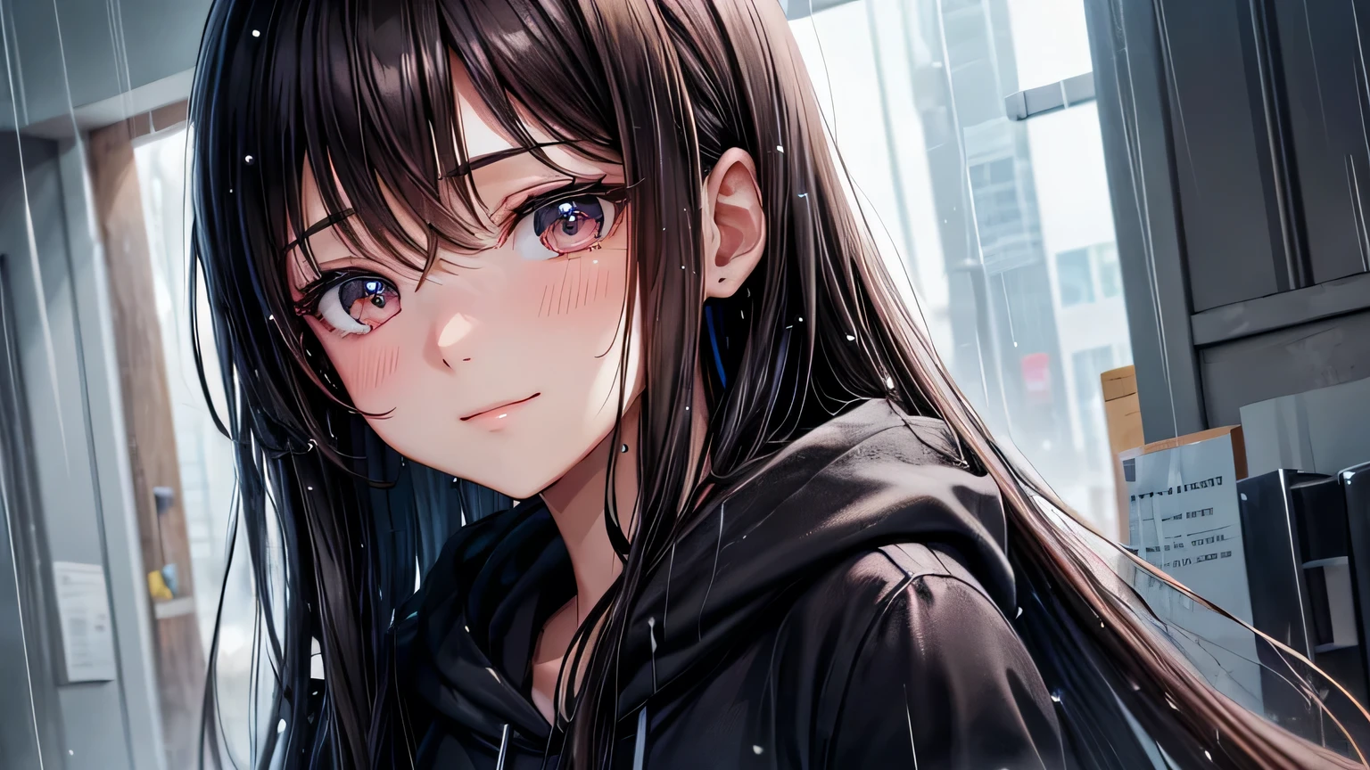 A gentle smile、woman、Beautiful long brown hair、Black hoodie,Clothes that are wet from the rain and slightly transparent,Wet Hair,Wet clothes,office Street,rain,Weather,Ultra-high resolution, Accurate, Super detailed, Textured skin, High detail, highest quality, 8k, Detailed Hair,Detailed eyes,Focus on the face,