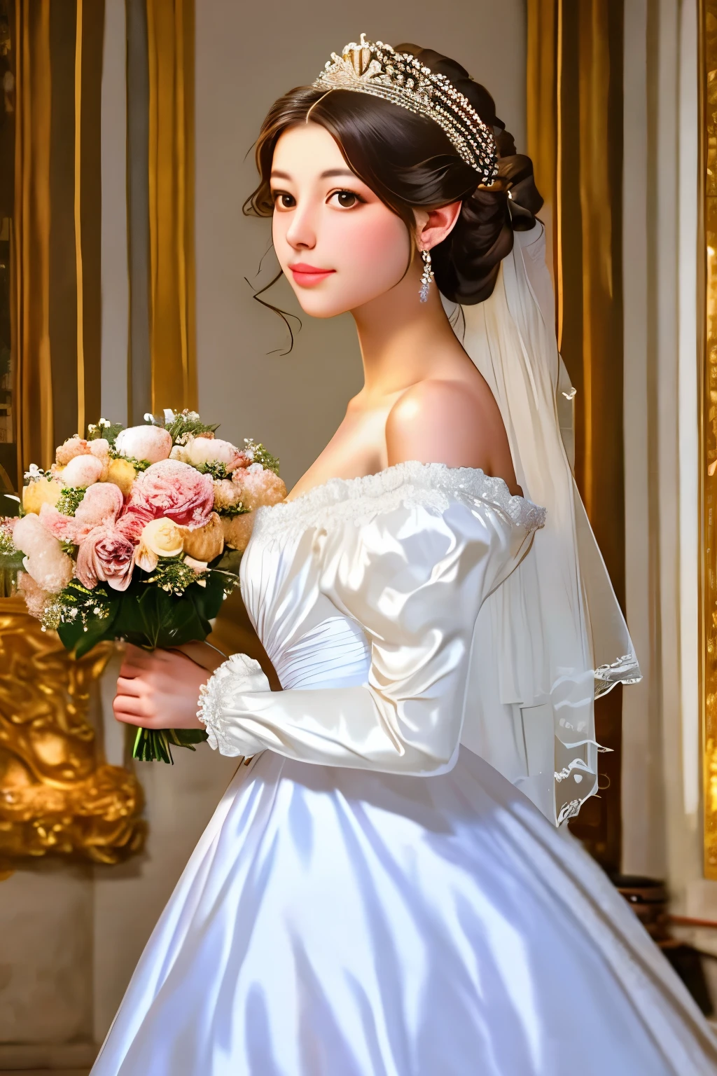 bride in a white dress holding a bouquet of flowers in a room, a photorealistic painting inspired by Franz Xaver Winterhalter, tumblr, rococo, puff sleeves, beautiful and elegant, beautiful detailed elegant, romantic gown, ribbons and flowers, exquisite and beautiful, dressed beautiful gown, very beautiful and elegant, voluminous sleeves, in romantic style, with flowers