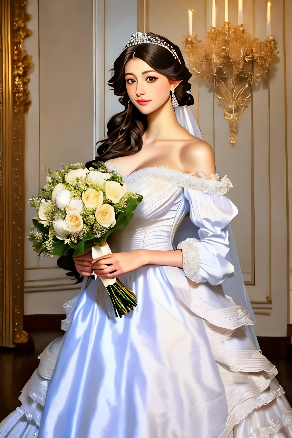 bride in a white dress holding a bouquet of flowers in a room, a photorealistic painting inspired by Franz Xaver Winterhalter, tumblr, rococo, puff sleeves, beautiful and elegant, beautiful detailed elegant, romantic gown, ribbons and flowers, exquisite and beautiful, dressed beautiful gown, very beautiful and elegant, voluminous sleeves, in romantic style, with flowers