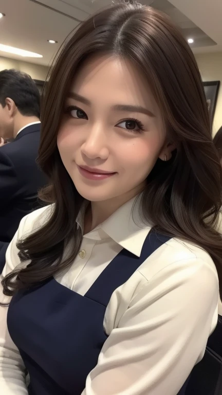 ((highest quality, 8k, masterpiece, Portraiture: 1.3)), (Observe the audience), (Tabletop), ((Close-up of face))、魅力的なビジネスのMature Woman, 1 person, A little chubby:0.35,Brown wavy hair、 White collared shirt, (Large pelvis:0.8), smile:0.2, president'office,Good posture、(((Mature Woman))), (((56 years old))),