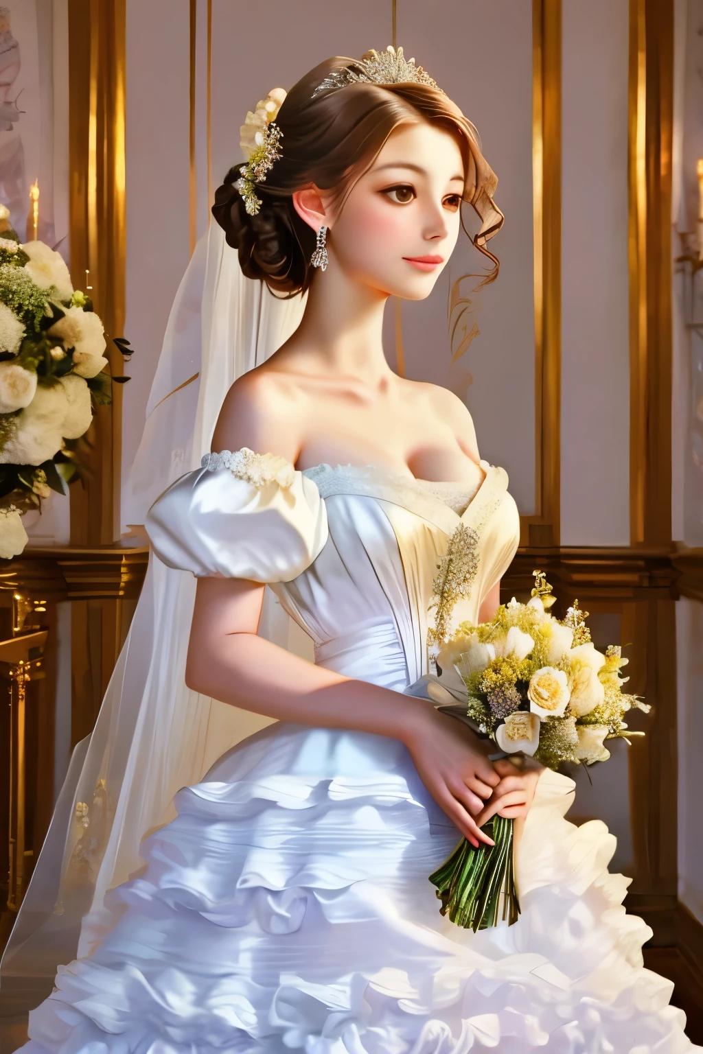 bride in a white dress holding a bouquet of flowers in a room, a photorealistic painting inspired by Franz Xaver Winterhalter, tumblr, rococo, puff sleeves, beautiful and elegant, beautiful detailed elegant, romantic gown, ribbons and flowers, exquisite and beautiful, dressed beautiful gown, very beautiful and elegant, voluminous sleeves, in romantic style, with flowers