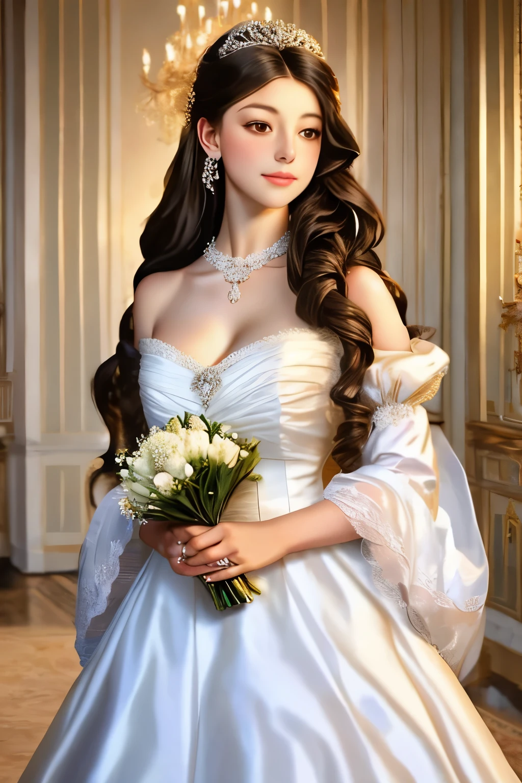 bride in a white dress holding a bouquet of flowers in a room, a photorealistic painting inspired by Franz Xaver Winterhalter, tumblr, rococo, puff sleeves, beautiful and elegant, beautiful detailed elegant, romantic gown, ribbons and flowers, exquisite and beautiful, dressed beautiful gown, very beautiful and elegant, voluminous sleeves, in romantic style, with flowers