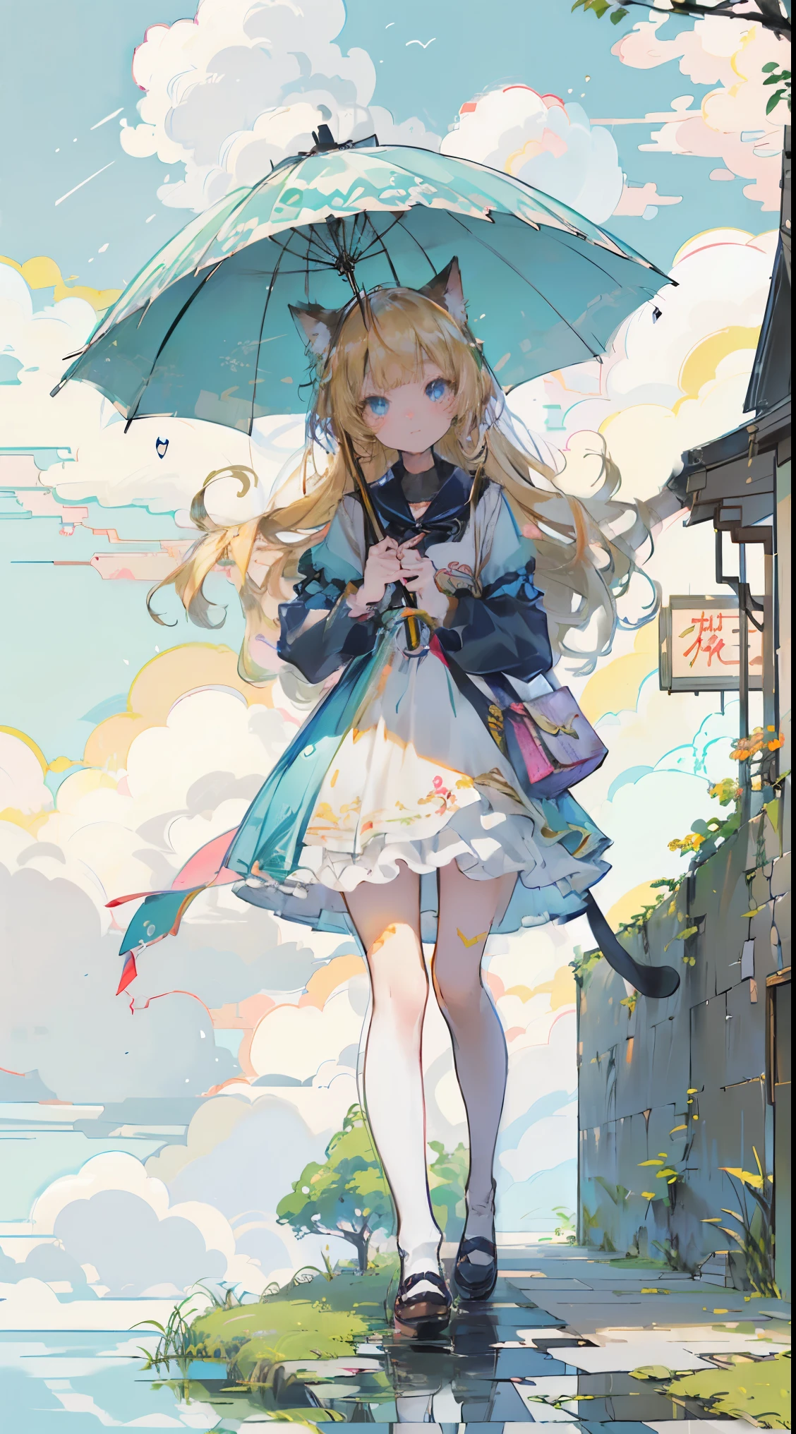 ((Tabletop, highest quality: 1.1), ((Anime girl in blue dress holding umbrella)), メイド服を着たアニメのCat girl, , ((Blonde))、Long-haired、Very Beautiful Anime Cat girl, アニメCat girl, ((White knee-high socks)), 魅力的なCat girl, Inspired by Leiko Ikemura, Takano Aya color style, in ryuuou no oshigoto art style, Cat girl, Favorite character, rei hiroe、With a smile