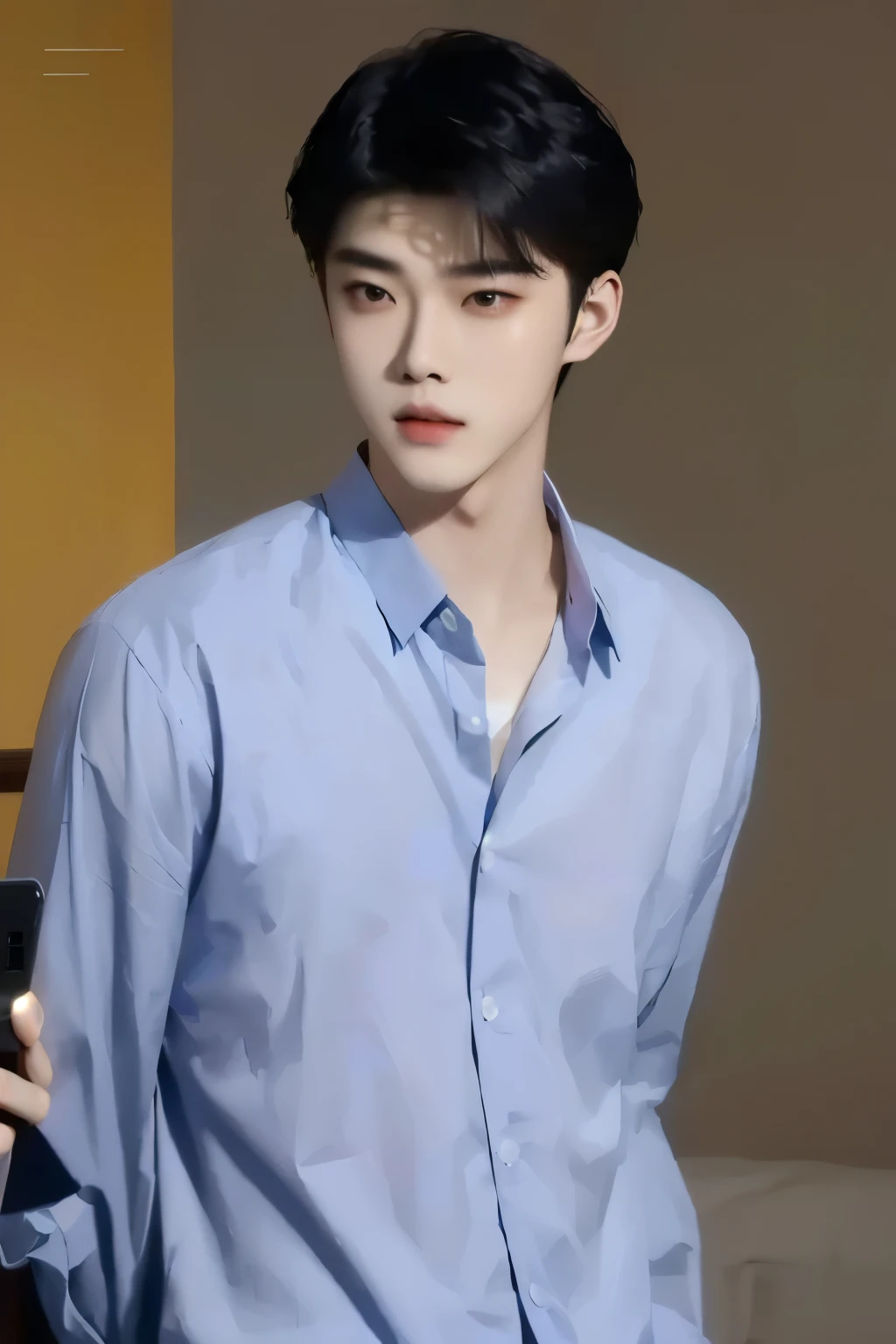 Araffated Asian man in a blue shirt holding a cell phone, kim doyoung, extremely Elegante, mirada inocente, oh sehun, SEHUN, pale korean adorable face, very Elegante, Elegante prince, inspirado en EXO SEHUN, OH SEHUN, Jung Jaehyun, hyung SEHUN, SEHUN labios carnosos, Shin Jeongho, Elegante and attractive, Elegante, EXO