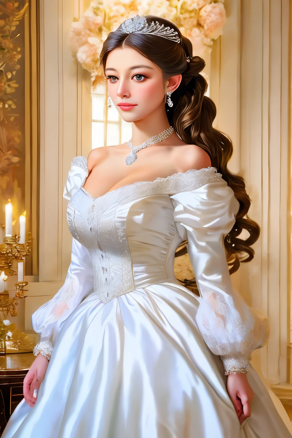 bride in a white dress holding a bouquet of flowers in a room, a photorealistic painting inspired by Franz Xaver Winterhalter, tumblr, rococo, puff sleeves, beautiful and elegant, beautiful detailed elegant, romantic gown, ribbons and flowers, exquisite and beautiful, dressed beautiful gown, very beautiful and elegant, voluminous sleeves, in romantic style, with flowers