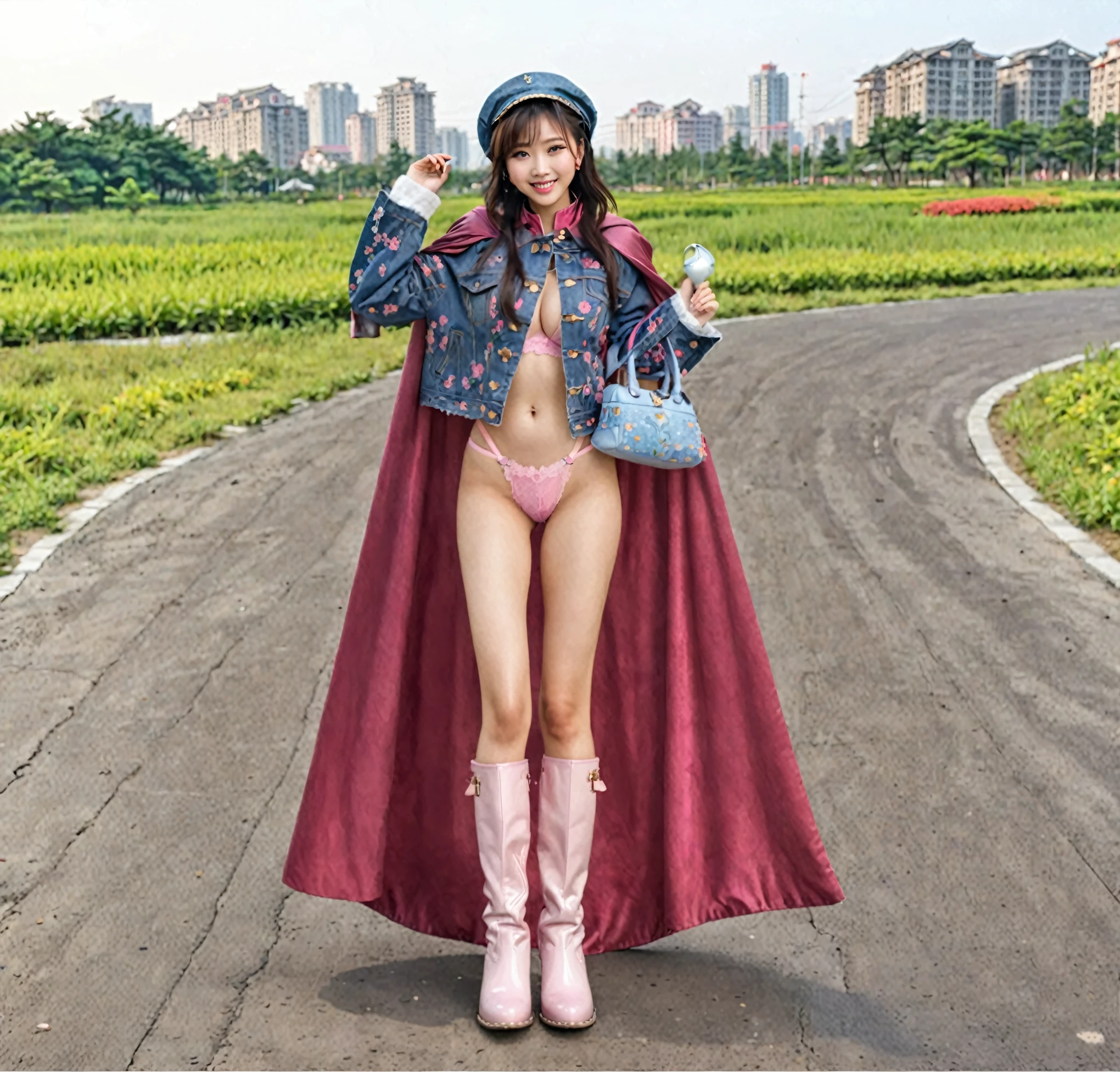 Chinese Princess，Short hair girl, Greet with a smile,Wear a denim jacket，pink lingerie，Pink panties，fashion trends, Huge breasts，Long-legged girl, Put on metal boots, long cloak，holding handbag