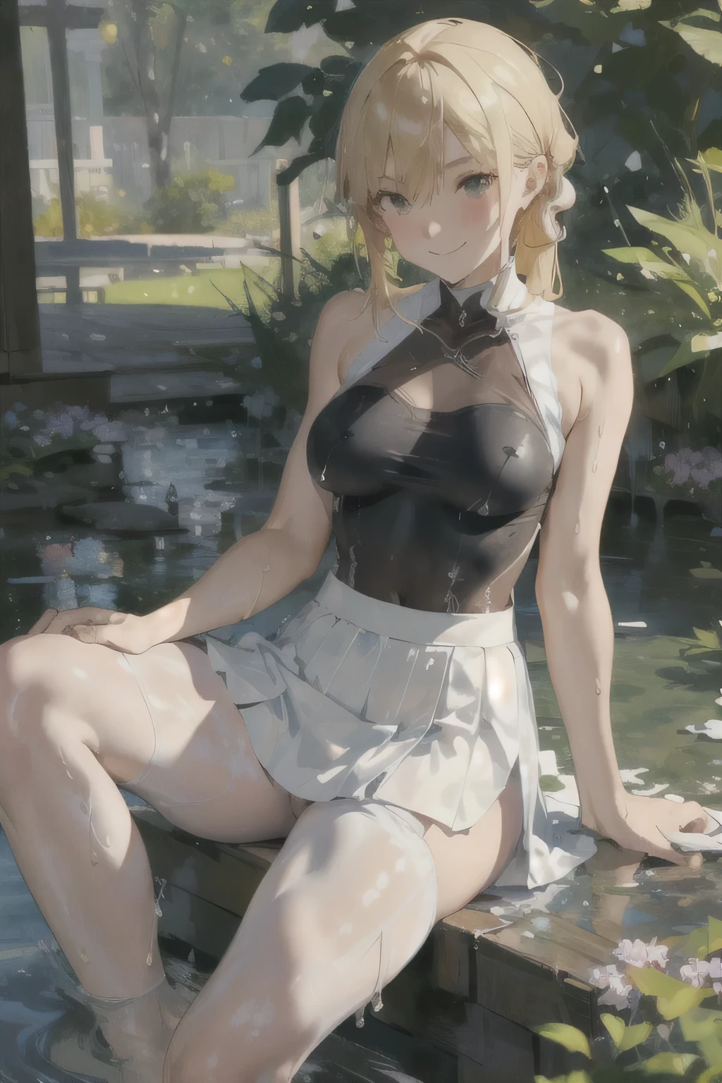 female,Round Face,Solitary,sports,Relax,blond,elegant,whole body,Chinese element pattern,(Open your legs),(((Exposing thighs))),full,Transparent openwork,White Deep V Tank Top,((White skirt)),stocking,leggings,(Brushstrokes,Impressionism,painting,Rich scenery),Disheveled,Chest contour,(((Wet clothing))),(((Ultra-thin clothing))),((Flesh outline)),Grinning