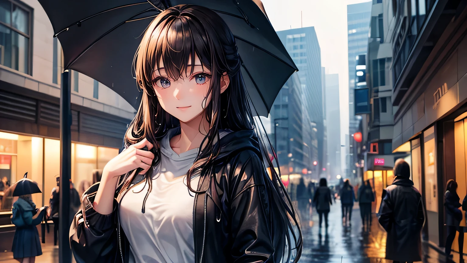 A gentle smile、woman、Beautiful long brown hair、Black hoodie,Clothes that are wet from the rain and slightly transparent,Wet Hair,Wet clothes,office Street,rain,Weather,Ultra-high resolution, Accurate, Super detailed, Textured skin, High detail, highest quality, 8k, Detailed Hair,Detailed eyes,Focus on the face,Depict the figure from the waist up,