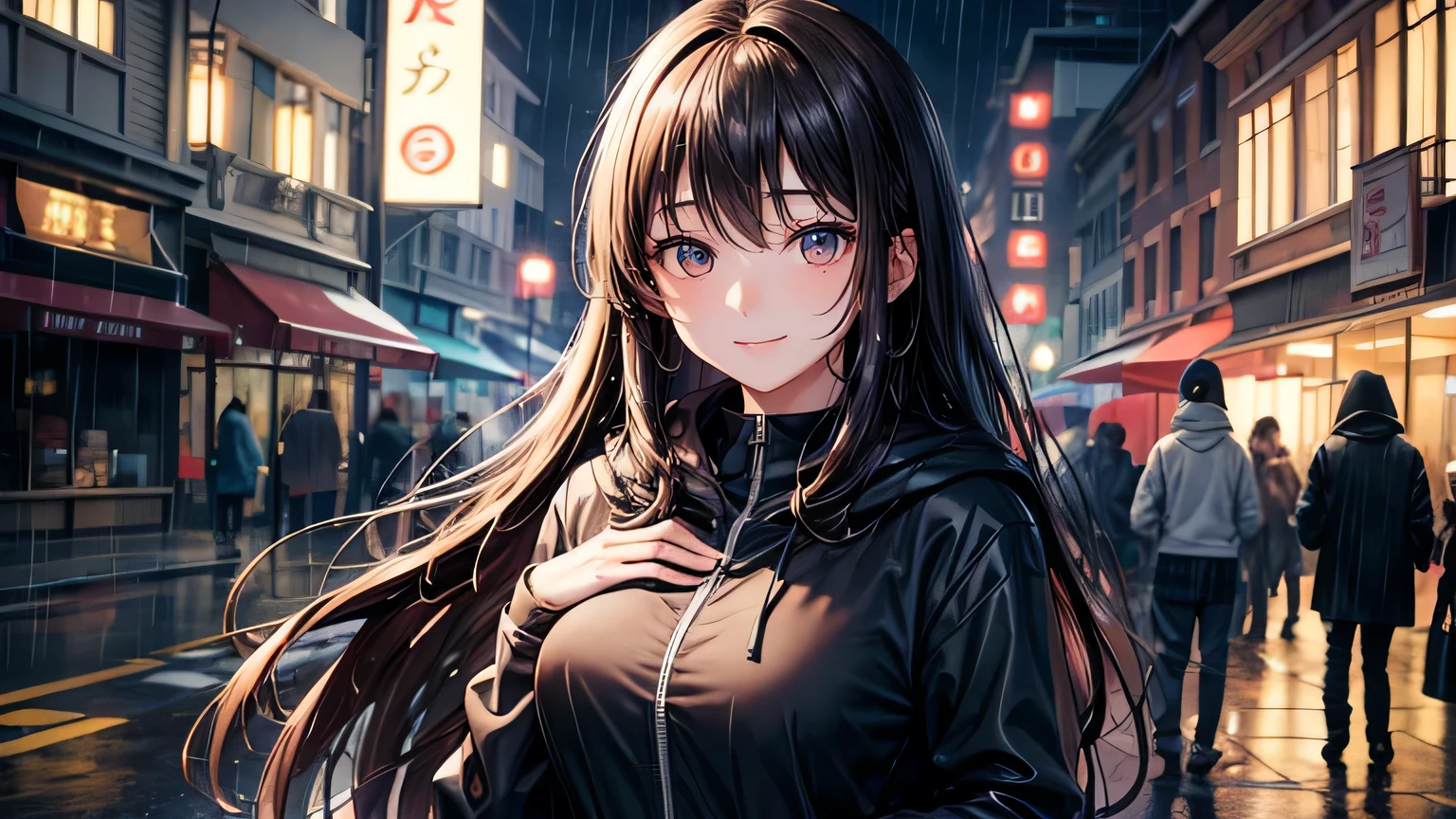 A gentle smile、woman、Beautiful long brown hair、Black hoodie,Clothes that are wet from the rain and slightly transparent,Wet Hair,Wet clothes,office Street,rain,Weather,Ultra-high resolution, Accurate, Super detailed, Textured skin, High detail, highest quality, 8k, Detailed Hair,Detailed eyes,Focus on the face,Depict the figure from the waist up,