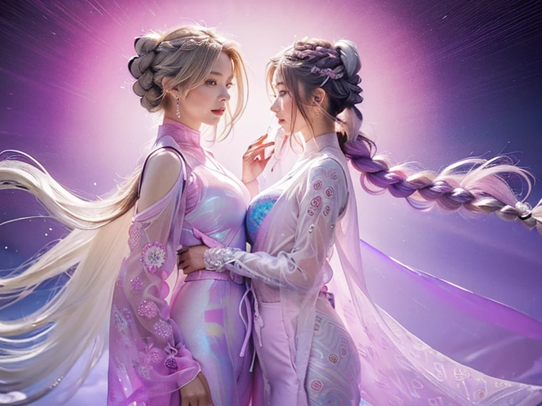 highest quality, Very detailed, masterpiece, Two women posing,(((Perfect female body))),Very beautiful face, Very beautiful body,Gentle expression, Very beautiful eyes,(Perfect Makeup:1.1),Fashion Model,Cyberpunk Fashion,Cinematic Light,Curly Hair,Shaggy Hair, (Drifting in the Wind,White purple gradient long braided chignon hair:1.5),very thin body,Smart Abs,(Monogram pattern:1.3), (((Various patterns,Pink and blue gradient,See-through Bolero,Colorful racing suits:1.3))),anklet,Tech High Top Sneakers,A kind smile,Full body portrait,(Night in Cyber City), (Shiny skin),(Earrings),Long scarf with elegant pattern,Neon long shawl,Digital Feather,LED Signs,splash,