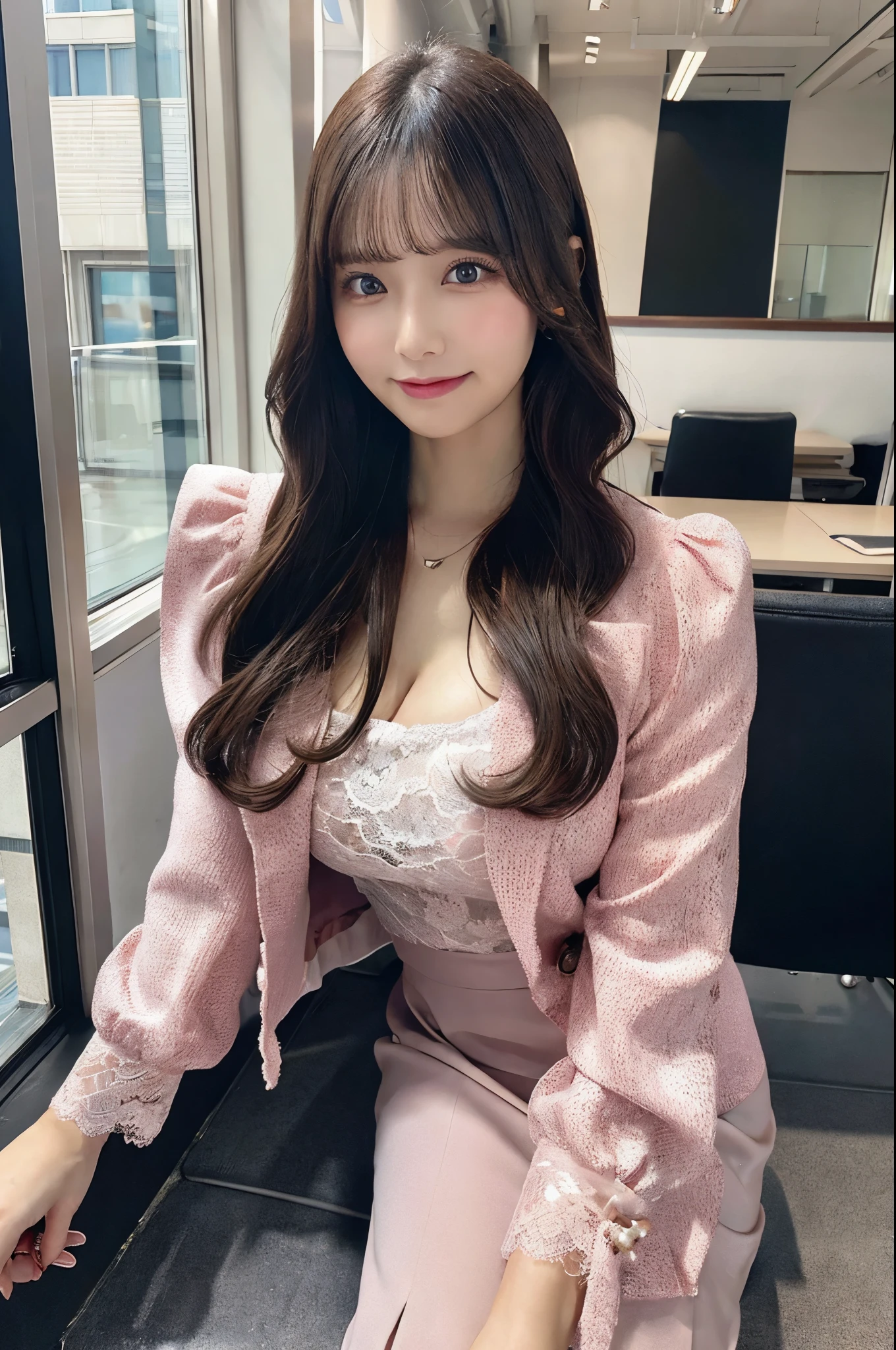 Very large breasts with gaping、beauty secretary、office、Woman crossing legs、pink lace suit、（Brown Eyes、Double eyelids、Sparkling Eyes、Very beautifully detailed eyes）、Tight Skirt、Cleavage（Very large breasts、Very thin and long legs、Perfect figure、High heels、whole body、smile）、1 female、No makeup、27 years old、（masterpiece、8K,RAW Photos、High resolution:1.4）、window

