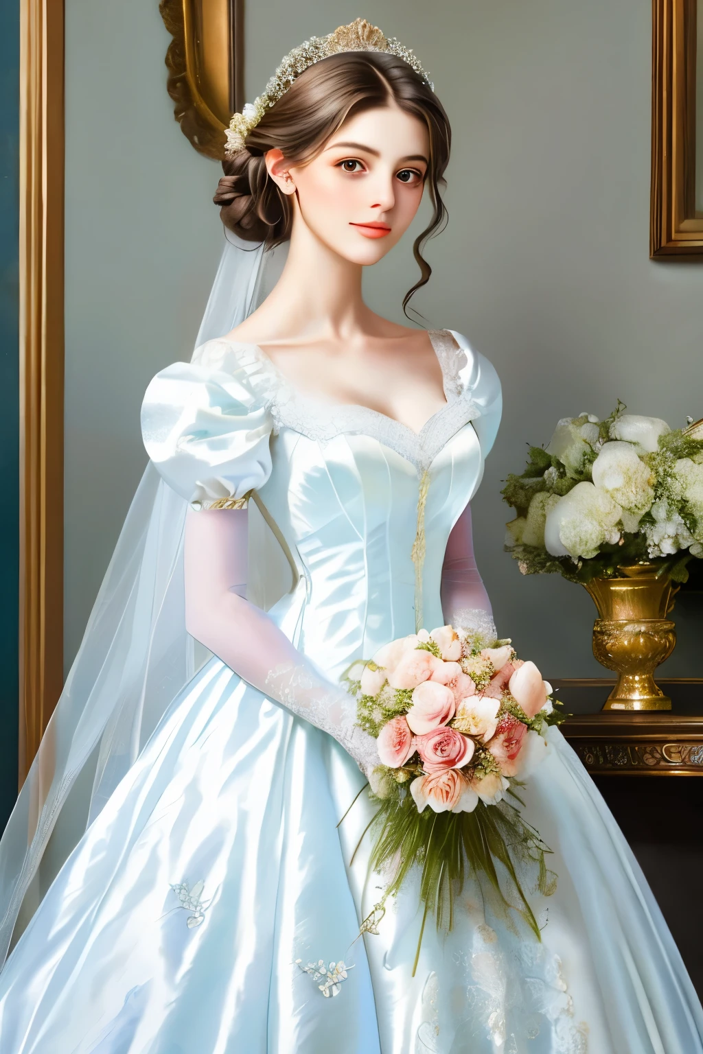 bride in a white dress holding a bouquet of flowers in a room, a photorealistic painting inspired by Franz Xaver Winterhalter, tumblr, rococo, puff sleeves, beautiful and elegant, beautiful detailed elegant, romantic gown, ribbons and flowers, exquisite and beautiful, dressed beautiful gown, very beautiful and elegant, voluminous sleeves, in romantic style, with flowers
