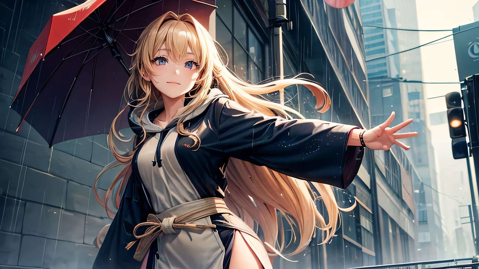 A gentle smile、woman、Beautiful long brown hair、Large, colorful hoodie,Clothes that are wet from the rain and slightly transparent,Wet Hair,Wet clothes,office Street,rain,Weather,Ultra-high resolution, Accurate, Super detailed, Textured skin, High detail, highest quality, 8k, Detailed Hair,Detailed eyes,Focus on the face,Depict the figure from the waist up,