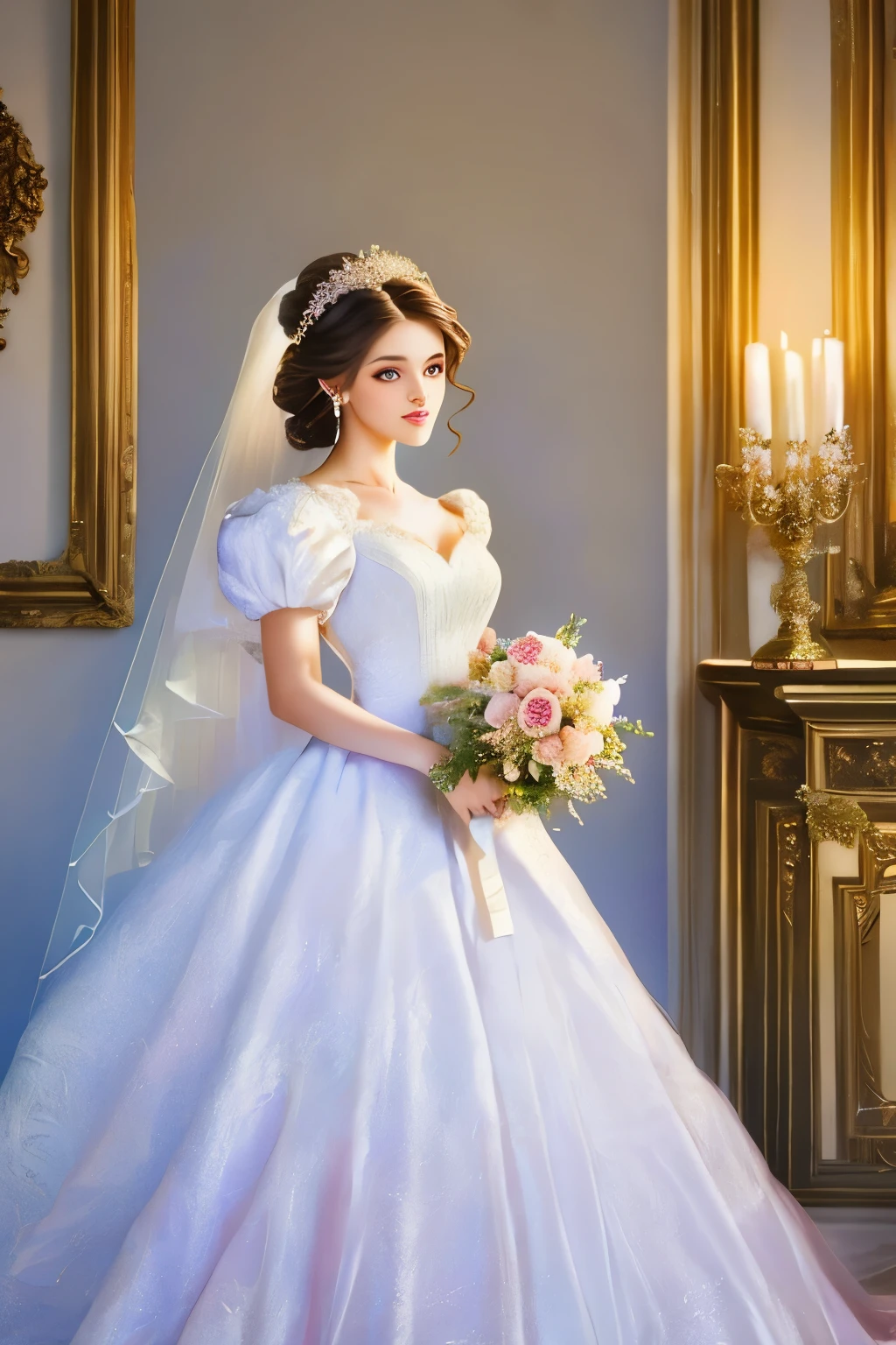 bride in a white dress holding a bouquet of flowers in a room, a photorealistic painting inspired by Franz Xaver Winterhalter, tumblr, rococo, puff sleeves, beautiful and elegant, beautiful detailed elegant, romantic gown, ribbons and flowers, exquisite and beautiful, dressed beautiful gown, very beautiful and elegant, voluminous sleeves, in romantic style, with flowers