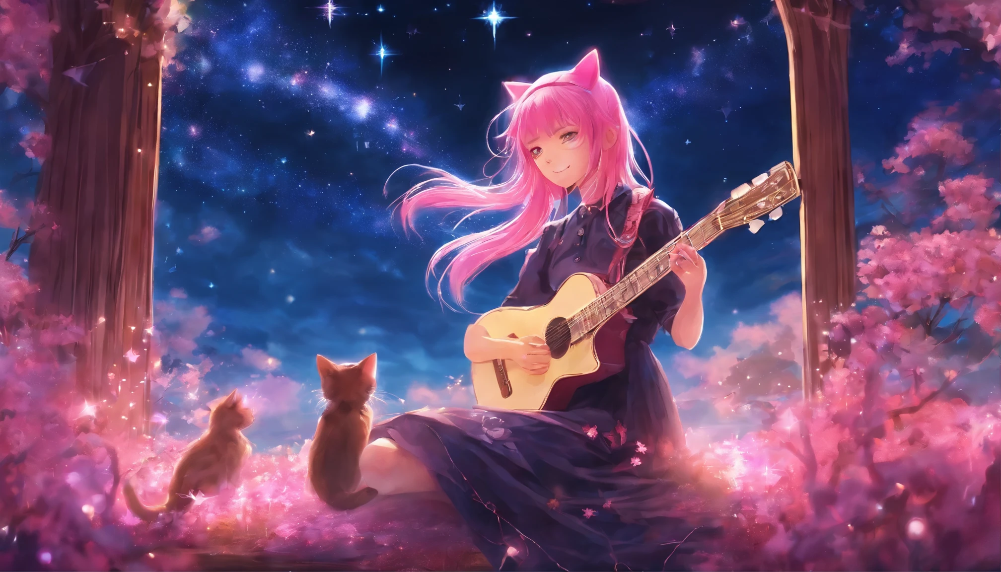 picture a scene of a girl playing the guiter alone with stars in the sky. Anime, pink hair, cat ears. That's her charm.