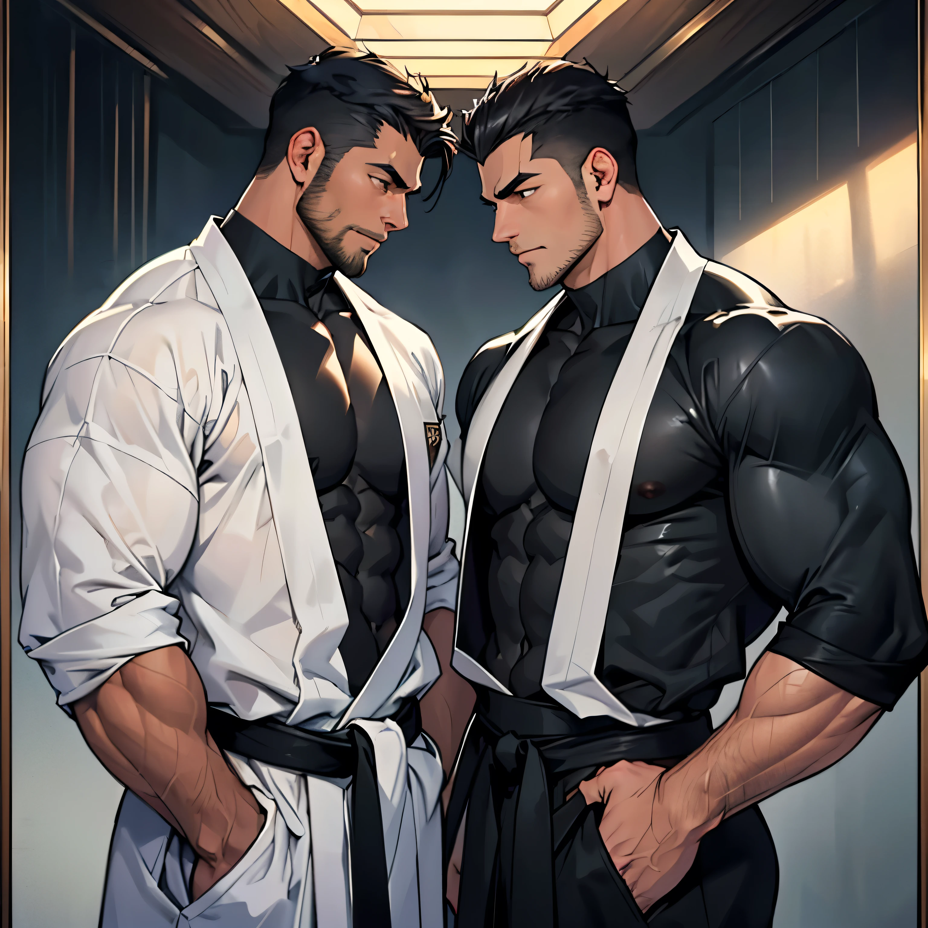 Na cena cativante, dois homens extremamente bonitos e muito atraentes, cada um possuidor de musculatura bem definida, wear black silk satin kimonos while preparing for karate practice. The background is elegantly set in unadorned black, accentuating their striking physiques. The lighting casts a brilliant glow over their toned bodies, revelando cada curva e linha brilhante. Each man&#39;s strong characteristics are clearly defined, from the firm chin framed by stubble to the thick eyebrows, todos destacando com maestria sua masculinidade. Seus olhos brilhantes, cheio de intensidade e foco, seem to pierce the very soul of the viewer. O peito dos homens