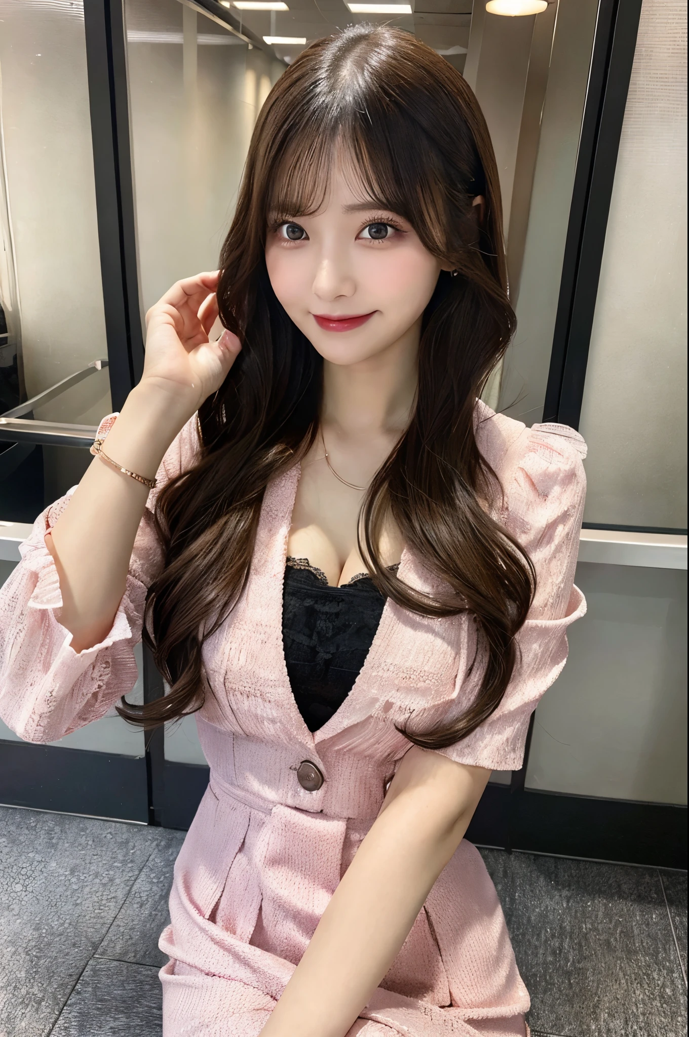 Very large breasts with gaping、beauty secretary、office、Woman crossing legs、pink lace suit、(Brown Eyes、Double eyelids、Sparkling Eyes、Very beautifully detailed eyes)、Tight Skirt、Cleavage(Very large breasts、Very thin and long legs、Perfect figure、High heels、whole body、smile)、1 female、No makeup、27 years old、(masterpiece、8K,RAW Photos、High resolution:1.4)、window