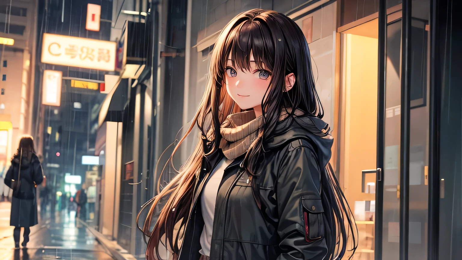 A gentle smile、woman、Beautiful long brown hair、A large and beautiful parka,Torn shorts,Clothes that are wet from the rain and slightly transparent,Wet Hair,Wet clothes,office Street,rain,Weather,Ultra-high resolution, Accurate, Super detailed, Textured skin, High detail, highest quality, 8k, Detailed Hair,Detailed eyes,Focus on the face,Depict the figure from the waist up,