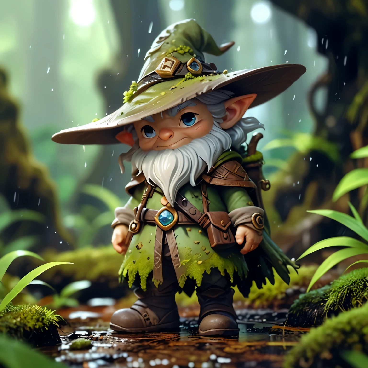 A cute diminutive moss covered dewy male male wizard, wrinkled old looking skin, close up in a dewy rain forest, intricate wizarding costume cragged materials, In a tilt-shift, macro-photographed scene with a shallow depth of field, a tiny, iridescent mystic wizard, intricate gnarled leather wizarding boots, 