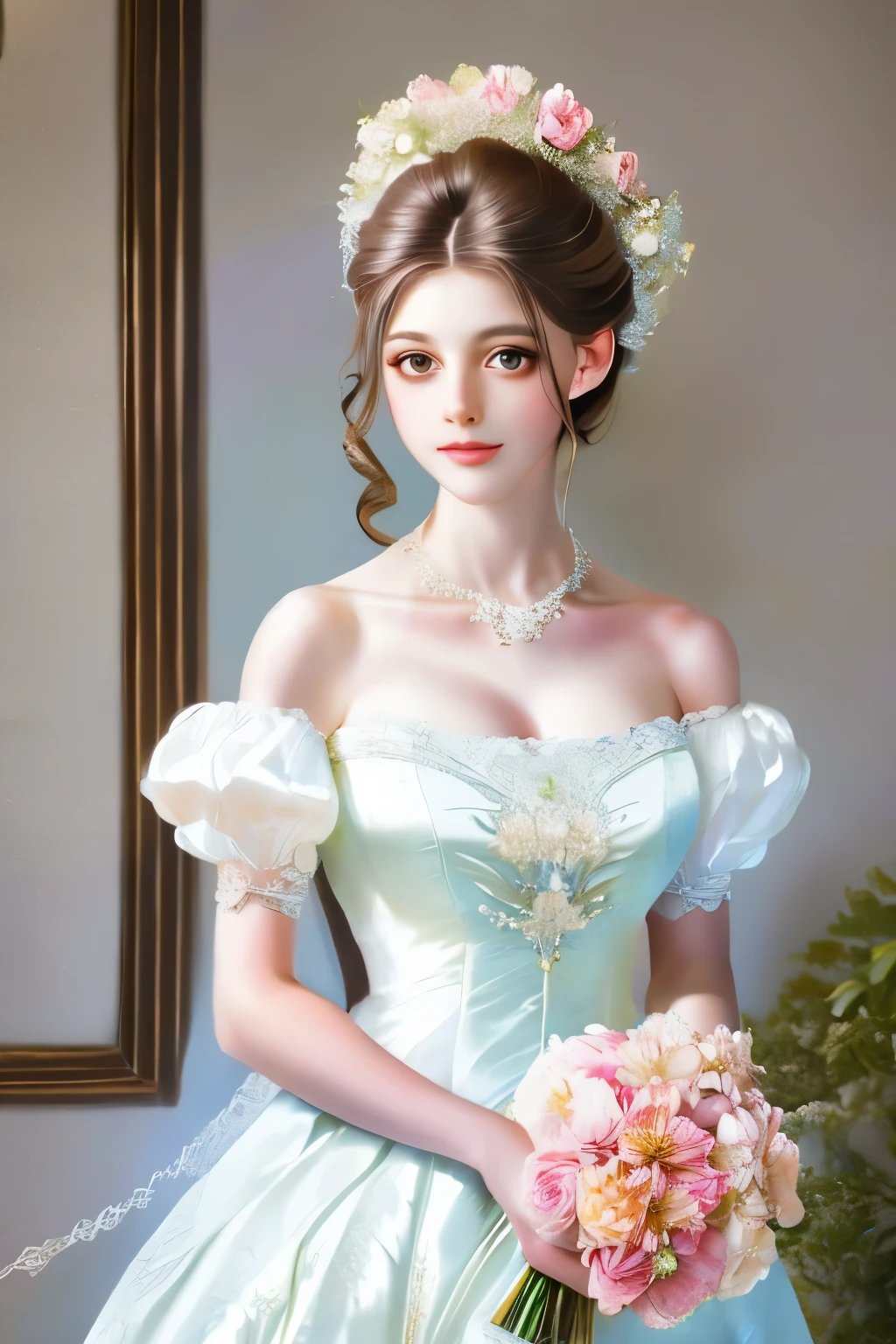 bride in a white dress holding a bouquet of flowers in a room, a photorealistic painting inspired by Franz Xaver Winterhalter, tumblr, rococo, puff sleeves, beautiful and elegant, beautiful detailed elegant, romantic gown, ribbons and flowers, exquisite and beautiful, dressed beautiful gown, very beautiful and elegant, voluminous sleeves, in romantic style, with flowers
