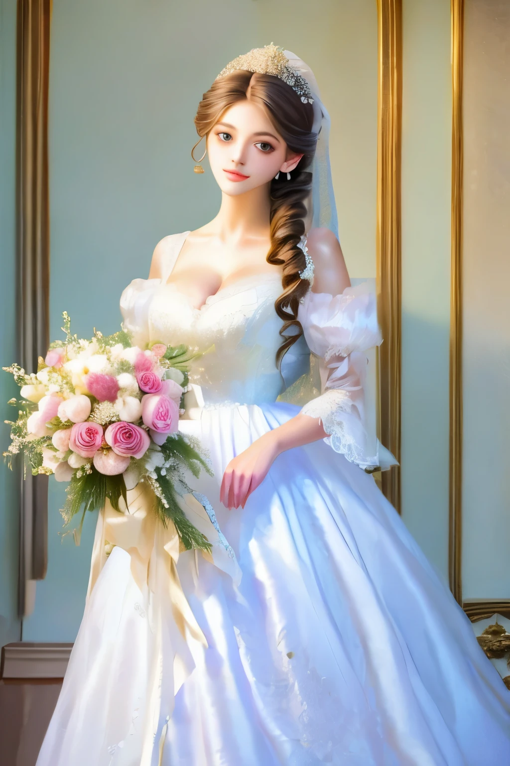 bride in a white dress holding a bouquet of flowers in a room, a photorealistic painting inspired by Franz Xaver Winterhalter, tumblr, rococo, puff sleeves, beautiful and elegant, beautiful detailed elegant, romantic gown, ribbons and flowers, exquisite and beautiful, dressed beautiful gown, very beautiful and elegant, voluminous sleeves, in romantic style, with flowers