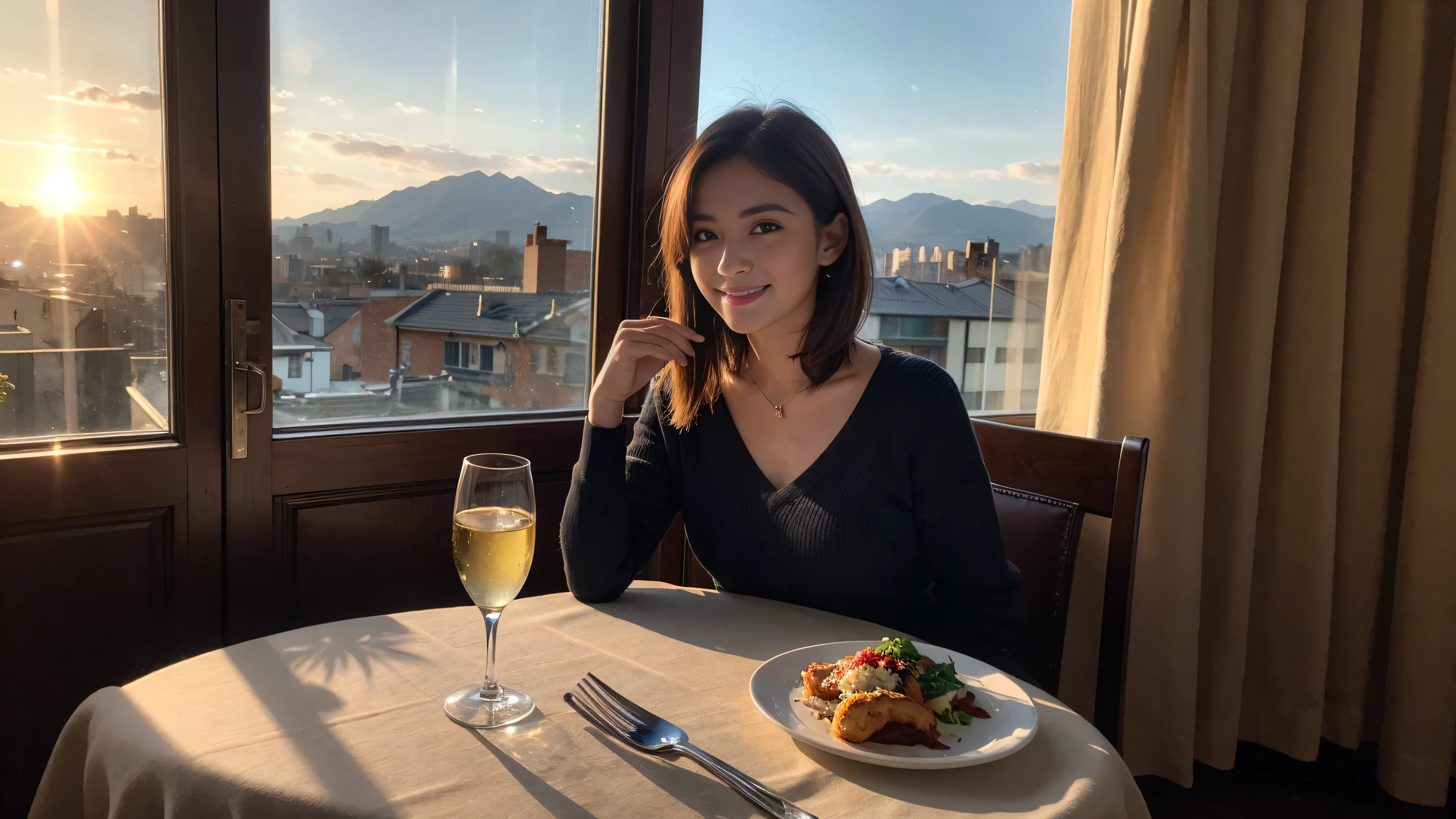 (highest quality、8k、masterpiece:1.3)、Beautiful woman with perfect figure:1.4、Wine Party、2 people、Dark brown hair、Knit dress、Highly detailed face and skin、Fine grain、double eyelid、Huge Mile、30th generation、Sex Appeal、Wine glass on the table、Put the light on your face、 Amazing view of the sunset sky and clouds、Amazing mountain views、A bright smile、A lovely woman with a smile、Bright image、The beauty of wine, Beautiful Face, blue eyes, The light shines on your face, Blushing, short hair,Bright Face、Fox face、 (36 years old), 39 years old, Lady、red wine 、Appetizers、Italian food、Wine bottle、Champagne、sparkling wine、Two beauties、Brown Hair、Shortcuts、Long sleeve shirt、dress、Pretty Woman 1, (Slim face), (The body is slim), (Brown Hair), (Shortcuts), cheeks turn a little red,Attractive beauty、, Out of the window, A beautiful and detailed night view unfolds.........., restaurant, In a prominent place (From the waist up) Nova Frog Style, actress, model, Upper Body, White wine, slim, wine glass, Wine glass placed in the center, smile, (smile: 1.15), Beautiful fine grain, Depth f/2,saturation, High Contrast, Strong light and shadow,Moist Body:1.5、3D texture、Delicate eyes、Brown Hair、The hair is very shiny、