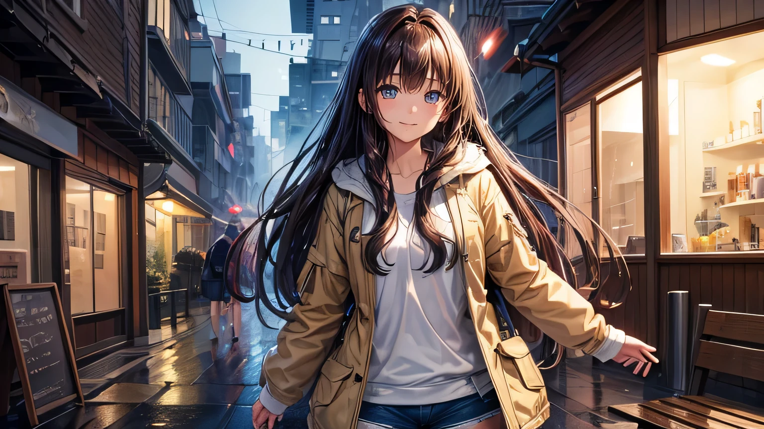 A gentle smile、woman、Beautiful long brown hair、A large and beautiful parka,Torn shorts,Clothes that are wet from the rain and slightly transparent,Wet Hair,Wet clothes,office Street,rain,Weather,Ultra-high resolution, Accurate, Super detailed, Textured skin, High detail, highest quality, 8k, Detailed Hair,Detailed eyes,Focus on the face,Depict the figure from the waist up,