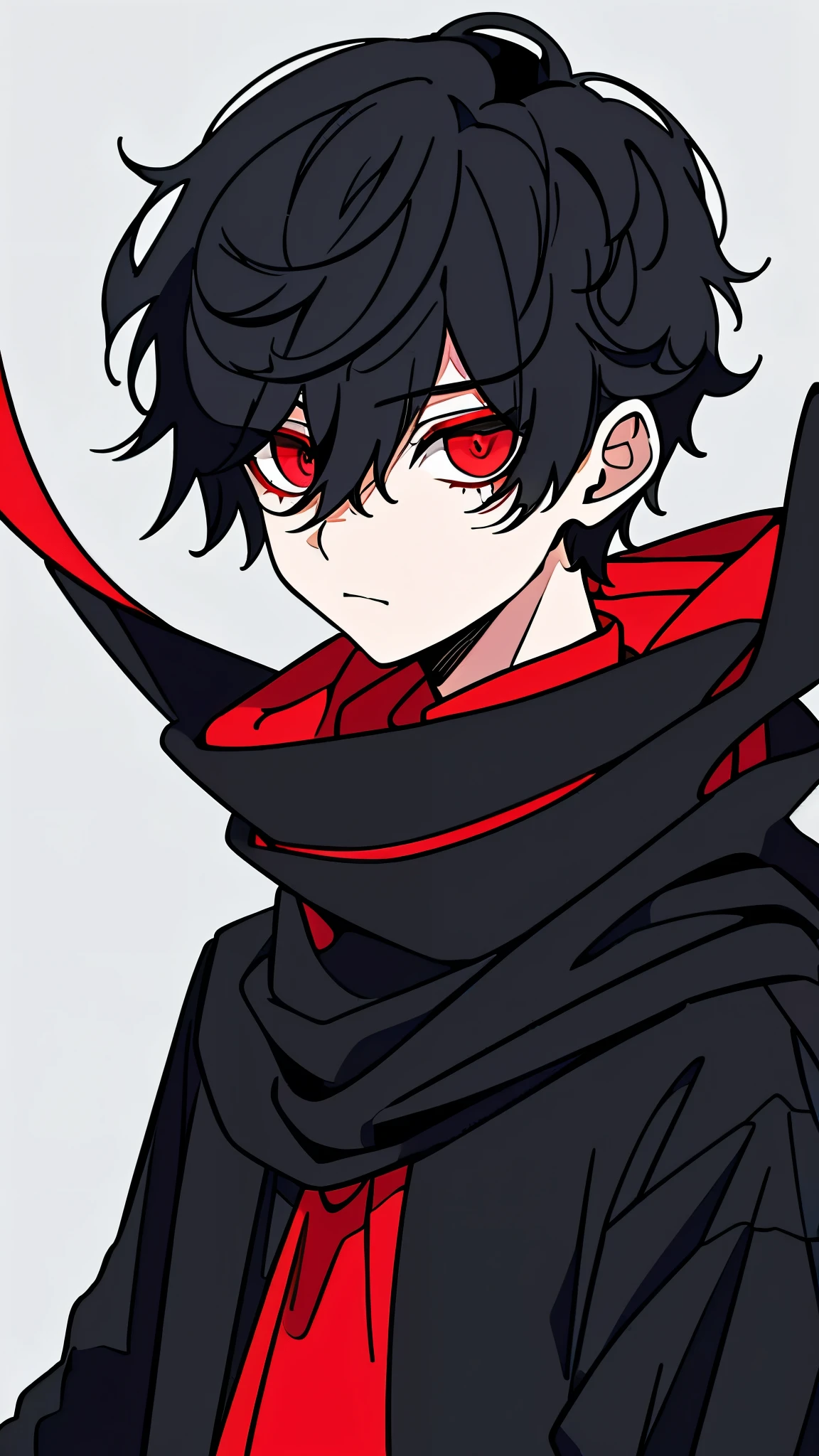 Ultra-precision,masterpiece, highest quality,Upper Body,One Man,Young people,20-year-old male,(look at me),Cool face,(Black Hair),Pixie Cut,(Red Eyes),Detailed slanted eyes,Three white eyes,Long eyelashes,Cool look,(Black clothes),Fantasy Costume,scarf,Black winding angle,Simple Background,