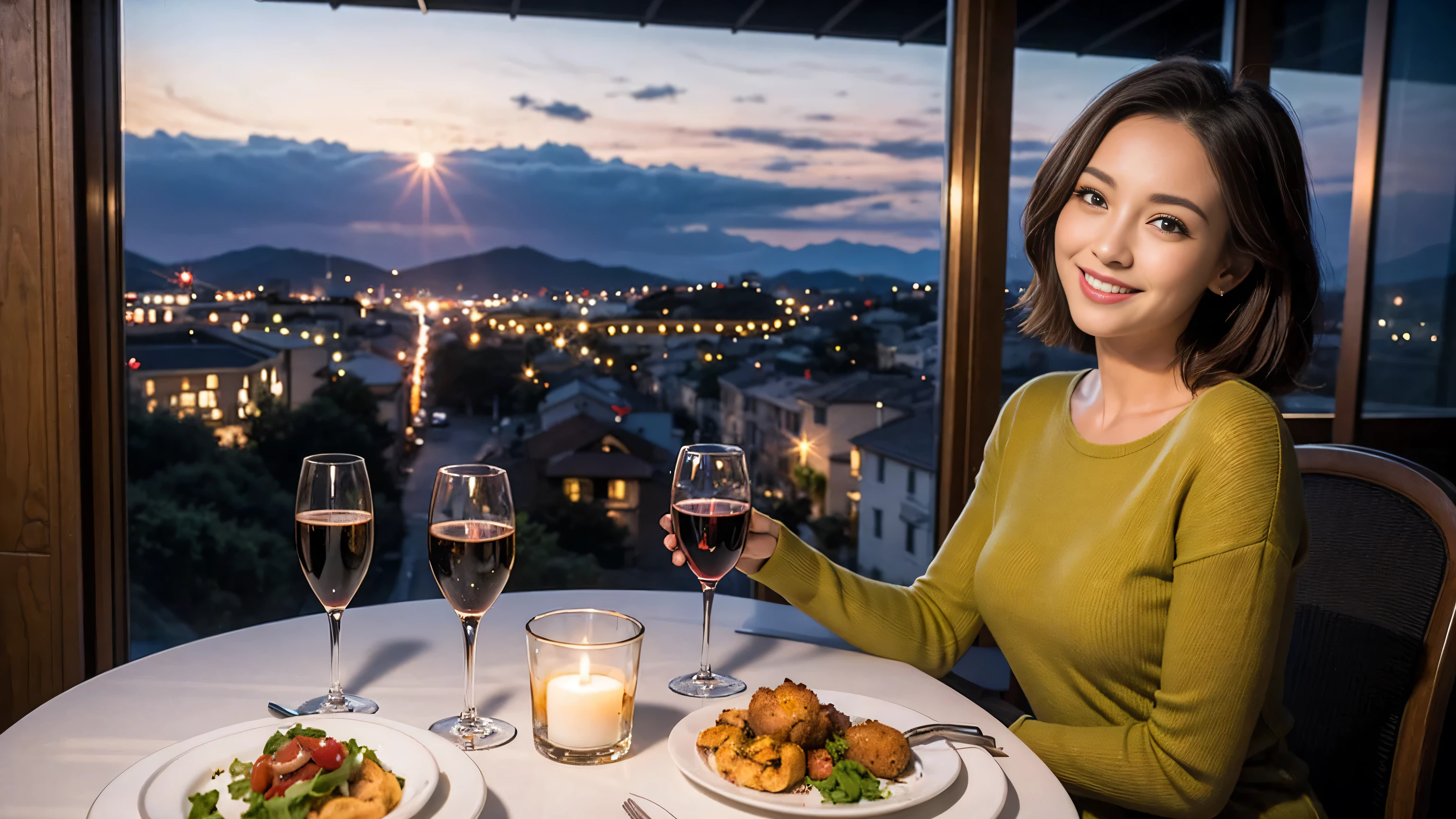 (highest quality、8k、masterpiece:1.3)、Beautiful woman with perfect figure:1.4、Dark brown hair、Wine Party 、2 people、Knit dress、Highly detailed face and skin、Fine grain、double eyelid、Wine glass on the table、Facial lighting、 Amazing view of the sunset sky and clouds、Amazing mountain views、Smile brightly、Smiling lovely woman、Bright image、The beauty of wine, Beautiful Face, blue eyes, Blushing, short hair,Bright Face、 (36 years old), 39 years old, Lady、red wine 、Appetizers、Italian food、wine bottle、Champagne、sparkling wine、Two beauties、Brown Hair、Shortcuts、Long sleeve shirt、dress、Pretty Woman 1, (Slim face), (The body is slim), (Brown Hair), (Shortcuts), cheeks turn a little red,Attractive beauty、, Out of the window, A beautiful and detailed night view unfolds.........., restaurant, In a prominent place (From the waist up) Nova Frog Style, actress, model, Upper Body, White wine, slim, wine glass, 