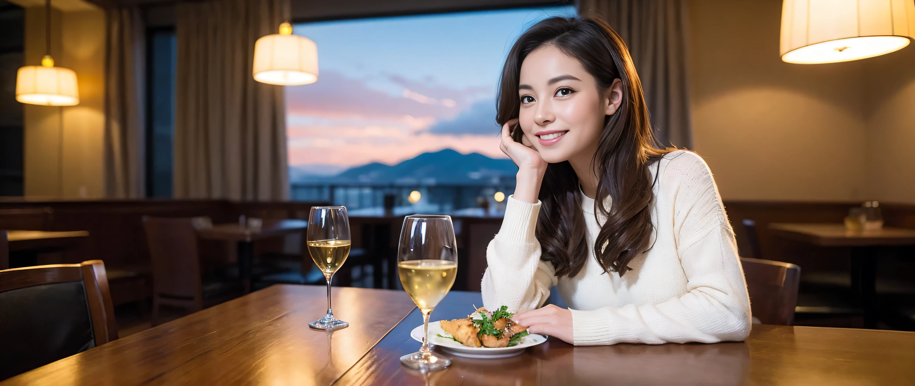 (highest quality、8k、masterpiece:1.3)、Beautiful woman with perfect figure:1.4、Wine Party、2 people、Dark brown hair、Knit dress、Highly detailed face and skin、Fine grain、double eyelid、Huge Mile、30th generation、Sex Appeal、Wine glass on the table、Put the light on your face、 Amazing view of the sunset sky and clouds、Amazing mountain views、A bright smile、A lovely woman with a smile、Bright image、The beauty of wine, Beautiful Face, blue eyes, The light shines on your face, Blushing, short hair,Bright Face、Fox face、 (36 years old), 39 years old, Lady、red wine 、Appetizers、Italian food、Wine bottle、Champagne、sparkling wine、Two beauties、Brown Hair、Shortcuts、Long sleeve shirt、dress、Pretty Woman 1, (Slim face), (The body is slim), (Brown Hair), (Shortcuts), cheeks turn a little red,Attractive beauty、, Out of the window, A beautiful and detailed night view unfolds.........., restaurant, In a prominent place (From the waist up) Nova Frog Style, actress, model, Upper Body, White wine, slim, wine glass, Wine glass placed in the center, smile, (smile: 1.15), Beautiful fine grain, Depth f/2,saturation, High Contrast, Strong light and shadow,Moist Body:1.5、3D texture、Delicate eyes、Brown Hair、The hair is very shiny、