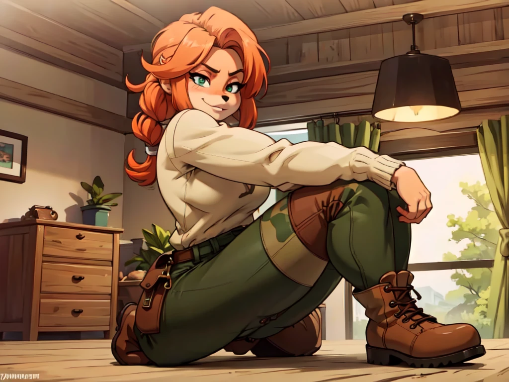 (best quality,4k,8k,highres,masterpiece:1.2),ultra-detailed,realistic:1.37,portrait, anthro bandicoot girl redhead, braided hair, beautiful green eyes,  sexy ,seductive, warm sweater, camouflage pants, army boots, smirking, cozy lighting, vibrant colors ,girl anthro , sweater, camouflage pants, army boots, put on boots ,hants to boots shoeslace 
