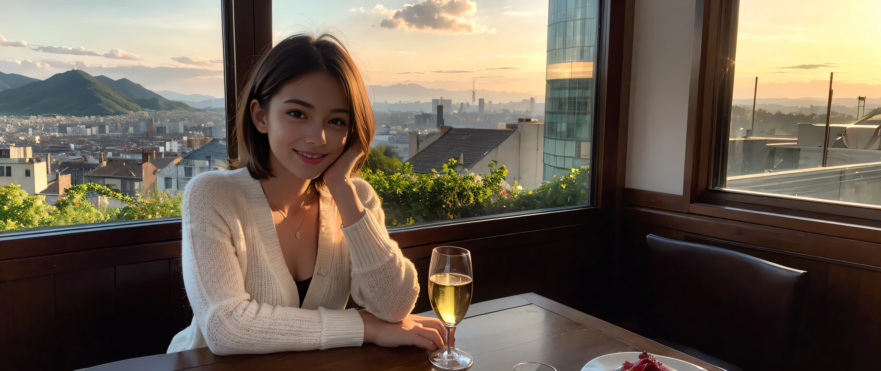 (highest quality、8k、masterpiece:1.3)、Beautiful woman with perfect figure:1.4、Wine Party、2 people、Dark brown hair、Knit dress、Highly detailed face and skin、Fine grain、double eyelid、Huge Mile、30th generation、Sex Appeal、Wine glass on the table、Put the light on your face、 Amazing view of the sunset sky and clouds、Amazing mountain views、A bright smile、A lovely woman with a smile、Bright image、The beauty of wine, Beautiful Face, blue eyes, The light shines on your face, Blushing, short hair,Bright Face、Fox face、 (36 years old), 39 years old, Lady、red wine 、Appetizers、Italian food、Wine bottle、Champagne、sparkling wine、Two beauties、Brown Hair、Shortcuts、Long sleeve shirt、dress、Pretty Woman 1, (Slim face), (The body is slim), (Brown Hair), (Shortcuts), cheeks turn a little red,Attractive beauty、, Out of the window, A beautiful and detailed night view unfolds.........., restaurant, In a prominent place (From the waist up) Nova Frog Style, actress, model, Upper Body, White wine, slim, wine glass, Wine glass placed in the center, smile, (smile: 1.15), Beautiful fine grain, Depth f/2,saturation, High Contrast, Strong light and shadow,Moist Body:1.5、3D texture、Delicate eyes、Brown Hair、The hair is very shiny、