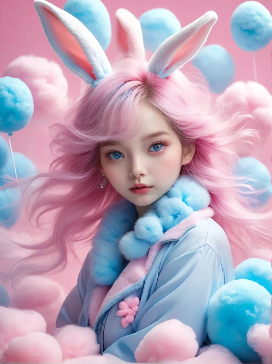 (超Reality:1.4),(((Full body shot:1.5))),original,emotion,dynamic,扭曲emotion效果,Energetic,Use unusual colors,Lovely photography,(Reality,Photo Realism:1.4),Stylized image of a bunny made of pink and blue cotton candy,Fantastic,Delicate eyes,Delicate face,Delicate skin
