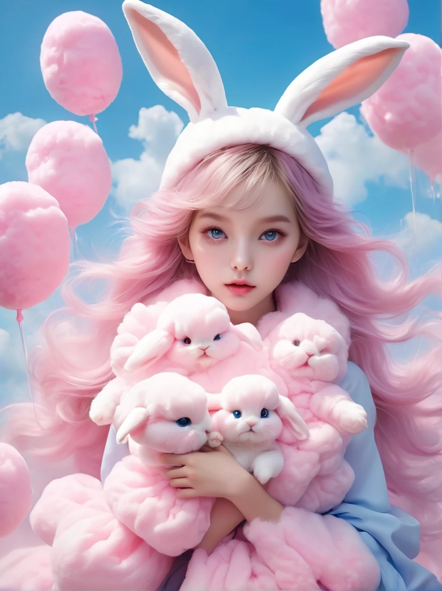 (超Reality:1.4),(((Full body shot:1.5))),original,emotion,dynamic,扭曲emotion效果,Energetic,Use unusual colors,Lovely photography,(Reality,Photo Realism:1.4),Stylized image of a bunny made of pink and blue cotton candy,Fantastic,Delicate eyes,Delicate face,Delicate skin