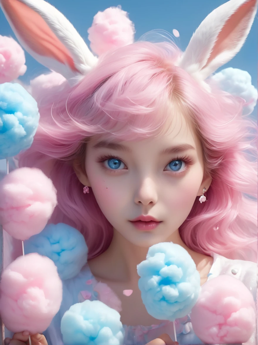 (超Reality:1.4)，(((Full body shot:1.5)))，original，emotion，dynamic，扭曲emotion效果，Energetic，Use unusual colors，Lovely photography，(Reality，Photo Realism:1.4)，Stylized image of a bunny made of pink and blue cotton candy，Fantastic，Delicate eyes，Delicate face，Delicate skin