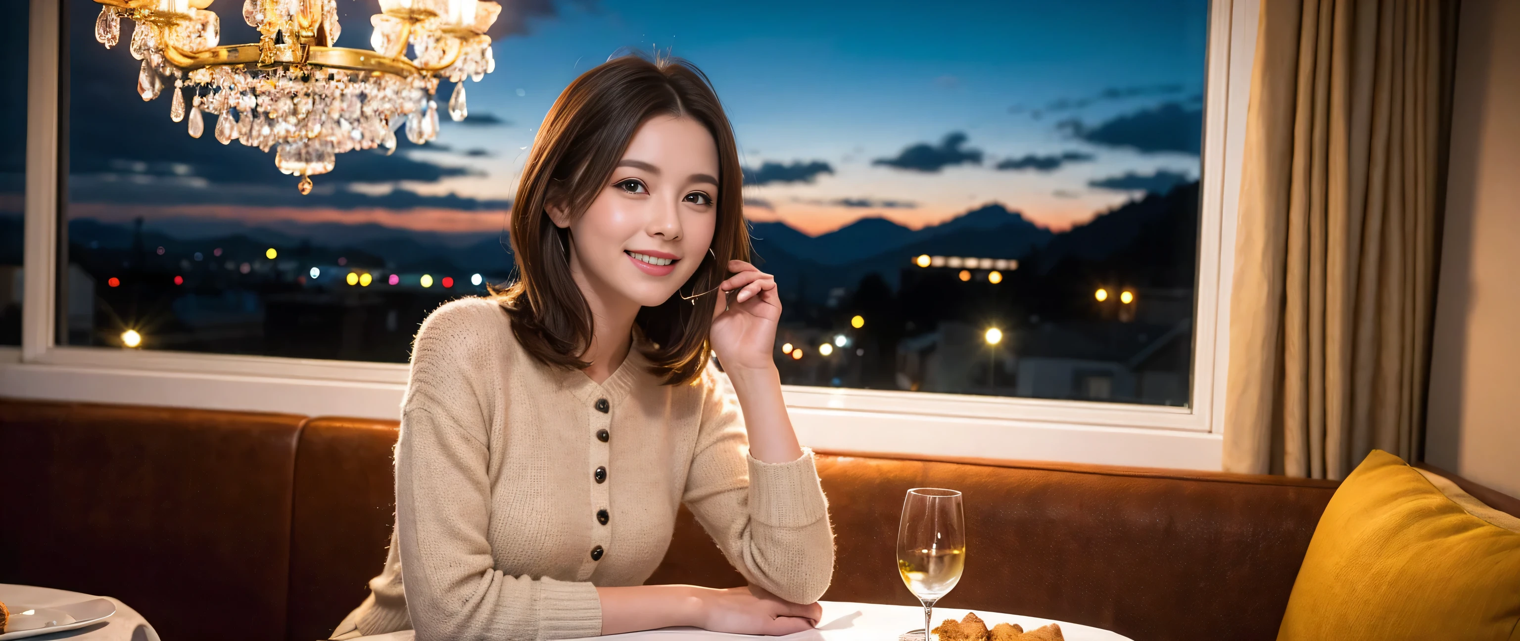 (highest quality、8k、masterpiece:1.3)、Beautiful woman with perfect figure:1.4、Dark brown hair、Wine Party 、2 people、Knit dress、Highly detailed face and skin、Fine grain、double eyelid、Wine glass on the table、Facial lighting、 Amazing view of the sunset sky and clouds、Amazing mountain views、Smile brightly、Smiling lovely woman、Bright image、The beauty of wine, Beautiful Face, blue eyes, Blushing, short hair,Bright Face、 (36 years old), 39 years old, Lady、red wine 、Appetizers、Italian food、wine bottle、Champagne、sparkling wine、Two beauties、Brown Hair、Shortcuts、Long sleeve shirt、dress、Pretty Woman 1, (Slim face), (The body is slim), (Brown Hair), (Shortcuts), cheeks turn a little red,Attractive beauty、, Out of the window, A beautiful and detailed night view unfolds.........., restaurant, In a prominent place (From the waist up) Nova Frog Style, actress, model, Upper Body, White wine, slim, wine glass, 