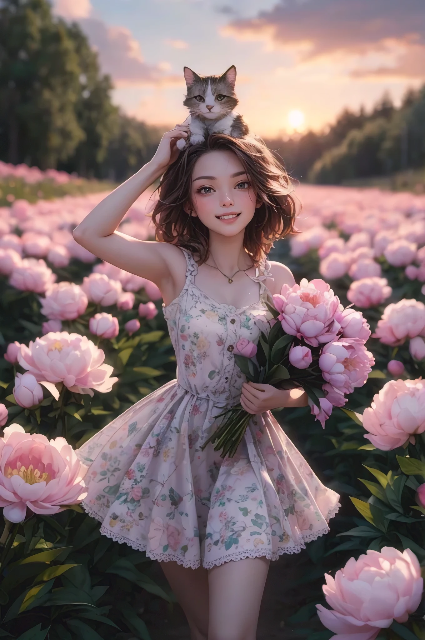 A delightful 3D render of a charming young woman playfully sporting a small cat on her head. She is dressed in a floral summer dress, with a bouquet of peonies in her hand. The peony field behind her stretches out into the horizon, with a beautiful sunset casting a warm glow over the scene. The atmosphere is one of joy and whimsy, capturing the essence of youth and nature's beauty., 3d render
