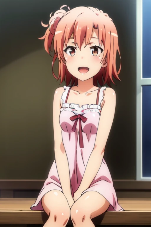 ((highest quality)), ((masterpiece)), (be familiar with), Perfect Face, indoor, Bedroom, Watching the audience,
One woman, Yuigahama Yui,
Open Mouth, Ecstatic expression, blush, smile,
Small breasts, Flat Chest, Young Girl, , , Girl,
Short Hair, Salmon-colored hair, Salmon-colored eyes, Side Pony,
Leg spread,