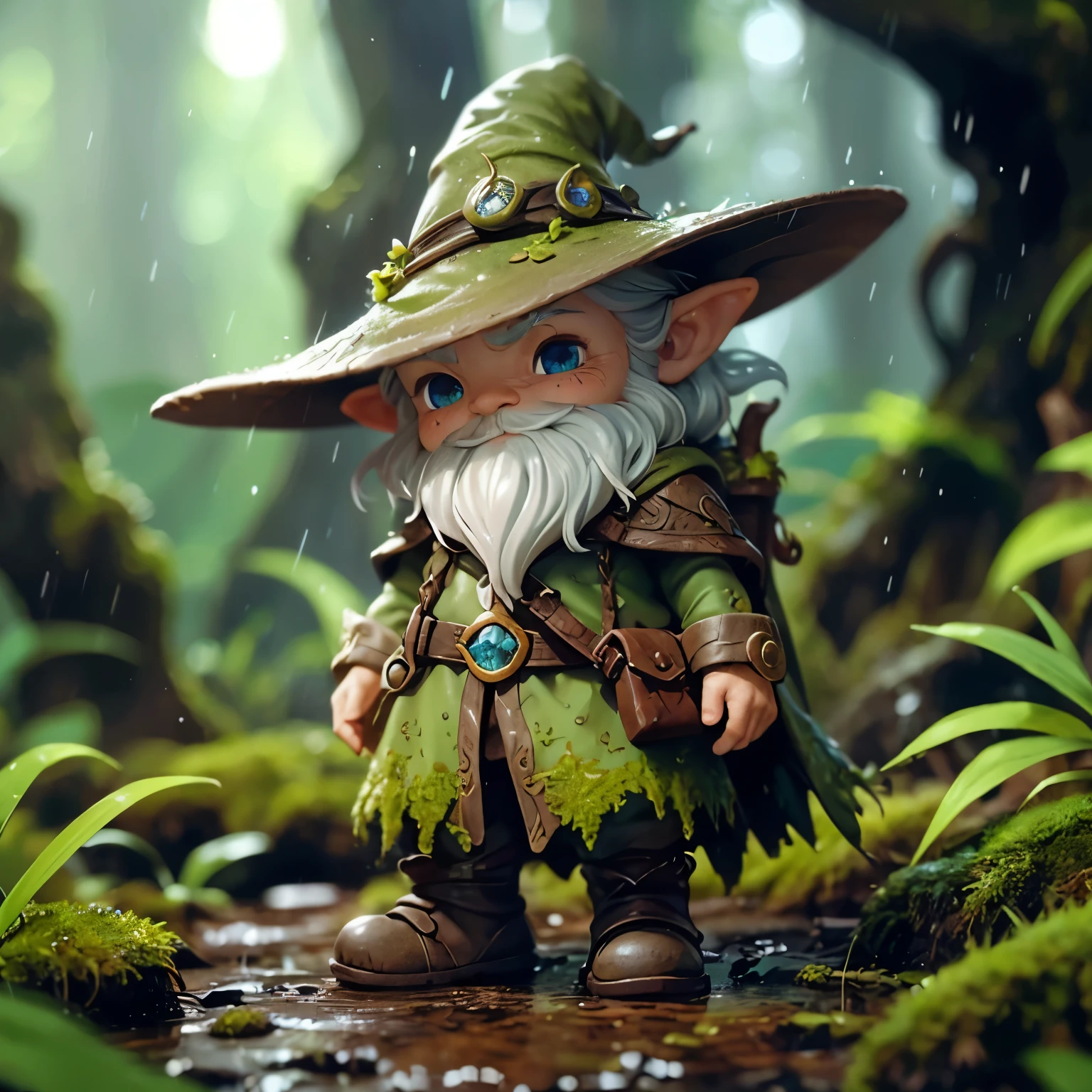 A cute diminutive moss covered dewy male male wizard, wrinkled old looking skin, close up in a dewy rain forest, intricate wizarding costume cragged materials, In a tilt-shift, macro-photographed scene with a shallow depth of field, a tiny, iridescent mystic wizard, intricate gnarled leather wizarding boots,