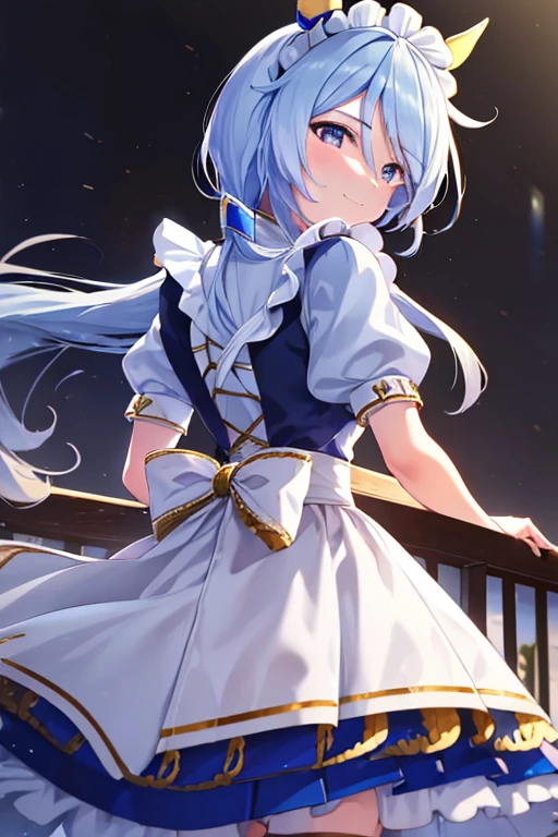 1girl, k.s.miracle, umamusume, horse girl, blue hair, maid, main apron, maid headdress, blue hair, solo, cinematic angle, looking back, looking at viewer, tareme, close-up, smile, closed mouth, masterpiece, highly detailed, highres, best quality, absurdres