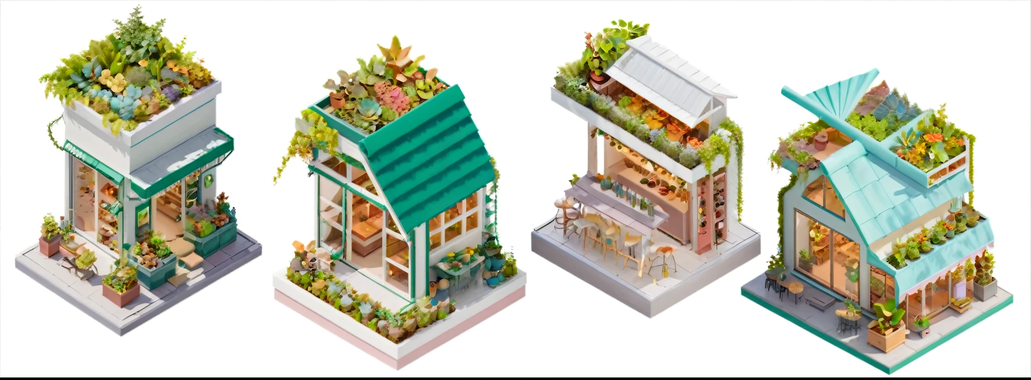Axonometric outdoor single-story shop roof garden group suspended on a white plane, jazz, Anime style 2D,