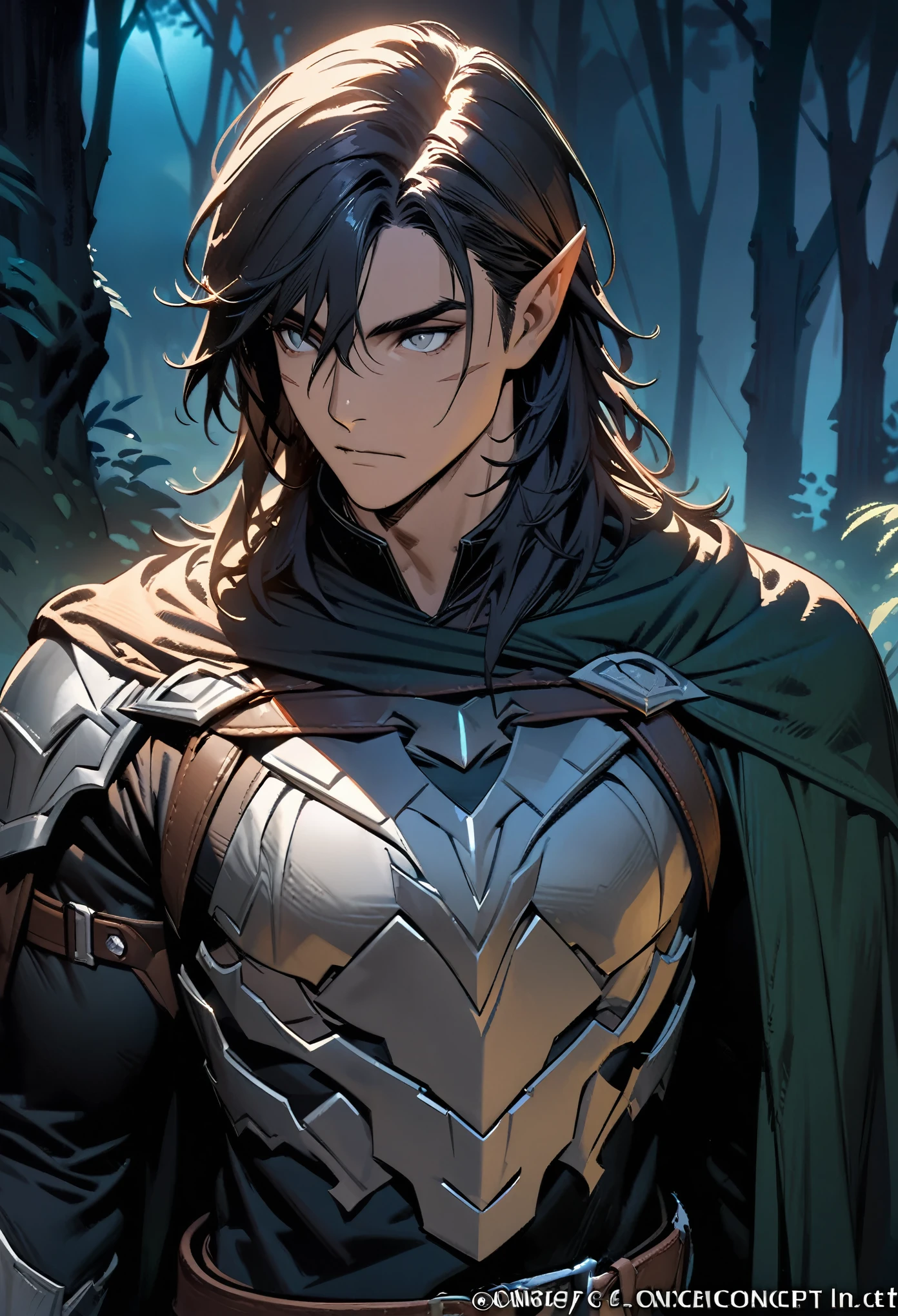 ultra-detailed, 2d, 4k, (best quality, masterpiece), (concept art:1.37), (dark elf male, 1 man), dark hair, dark skinned, grey eyes, (sleek rogue armor, dark leather armor, chest-plate), belt, cloak, small scar, male focus, upper body, fantasy, moonlit, nighttime, dark forest, (calm)