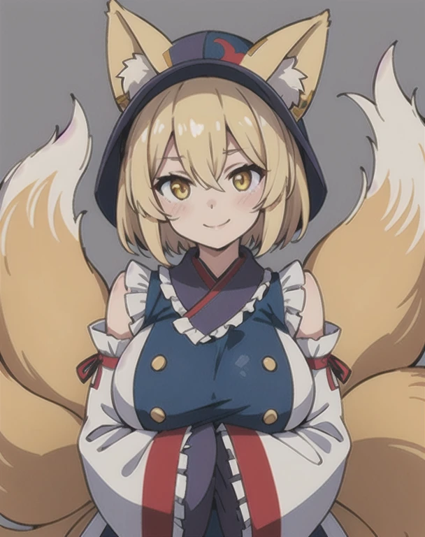 1girl, yakumo ran, hat, solo, blonde hair, fox tail, tail, breasts, grey background, no headwear, tabard, short hair, blush, upper body, yellow eyes, multiple tails, large breasts, looking at viewer, simple background, long sleeves, white dress, hands in opposite sleeves, dress, hair between eyes, wide sleeves, bangs, frills, smile, frilled shirt collar, closed mouth, frilled sleeves, head tilt, kitsune, own hands together, arms under breasts, standing, breast hold, shiny,(kbxll:0.6), masterpiece, best quality, 