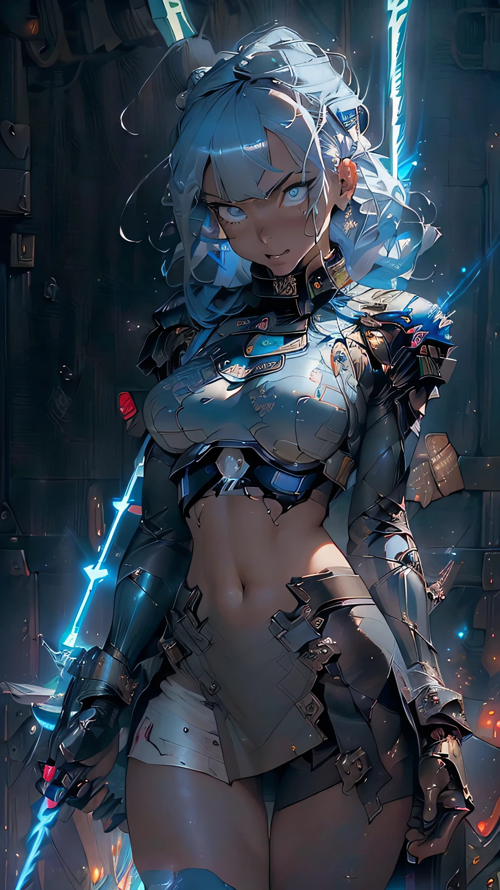 (masterpiece), (best quality), (super-detailed), (UHD 8k Sony A7R V 60 MP mirrorless camera with a 35mm wide-angle lens with an f/1.8 aperture, photographic (full body shot)) of a futuristic, female space-pirate-Captain wearing an intricate, highly detailed, (((black:1.45, silver:1.43, and blue:1.2 mecha-suit))). She is ((drop dead gorgeous)), a former ((fashion model)) turned, (space pirate:1.5). ((The captain is depicted holding her ((two glowing:1.5 electric-blue:2 sabers:2)), ((holding 2 swords:2)). (((She is wearing (((mechanized armor over her fit, lithe body))) with a ((jolly roger emblem inlaid in platinum on her ample chest)), ((large breasts)), (she is a stunning, heroic, mechanically enhanced buccaneer:1.2). ((((She has a symmetrical beautiful face, dazzling ey blue eyes, large breasts, perfect, slender thighs, calves, and a toned midriff)))). (((The beautiful Captain is depicted in dynamic poses))) preparing for an attack on her ship. (The new captain is holding her electric-blue sabers:2 out to her sides:1.65), (((ready for battle))),((fierce gaze)),(((on the enormous, but damaged, pirate themed spaceship:1.4))), ((epic comic book cover artwork inspired by Greg Capullo from Marvel, Image, and DC)) comics, mixed with the iconic style of comic book cover artist Jim Lee also from Marvel, Image and, DC comic books. ((dramatic lighting with strong contrasts, highlighting her metallic textured features)), cinematic movie still, masterpiece, best quality, 8k Sony 7R V wide-angle lens f/1.8, HDR, UHD, volumetric lighting, Unreal Engine 5, Unity Engine, Blender, octane render, exquisite subject composition, exceptional linework, and award-winning shading:1.38, sharp focus:1.35, low angle, ominous mood, facing the viewer, HDR, 8k, UHD 8K resolution, wide-angle lens, ((Monte Carlo Ray Tracing)), (((whole-body shot) photograph, Absurd resolution, maximum detail, photorealistic, realistic, ultra-realistic)), repeat positive prompts, repeat negative prompts,