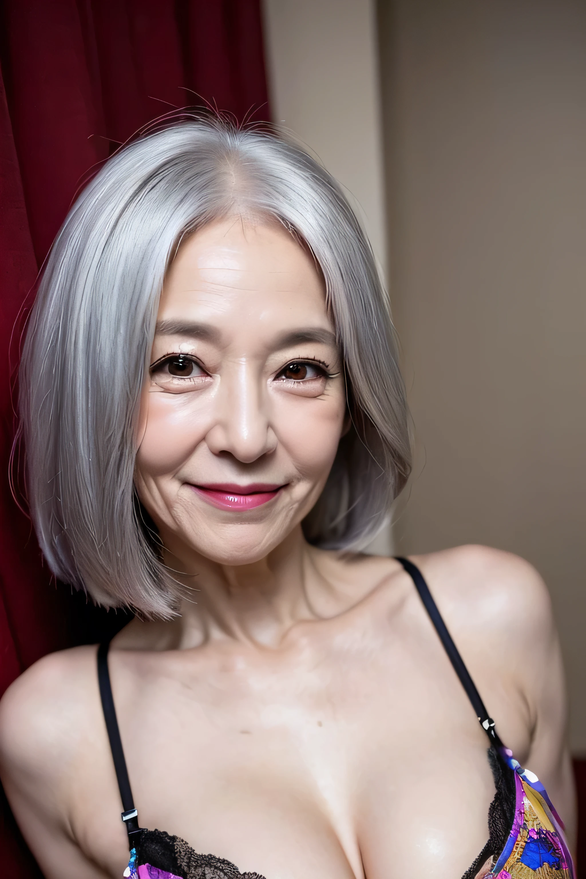 (((realistic,masterpiece))),(65 years old:1.4),silver hair,(there are many wrinkles on her face:1.3),old woman,((colorful erotic lingerie)),smile,sexy posing,beautiful hip,wave hair,erotic face,Enhance,motel,