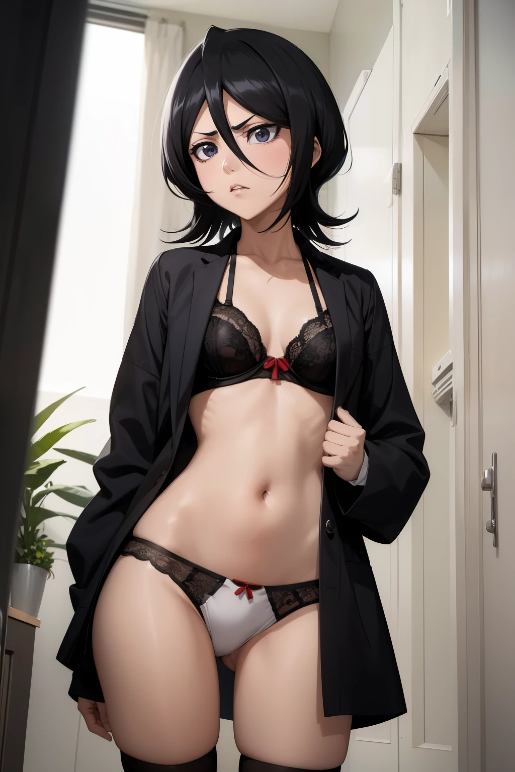 Rukia , anime , masterpiece  , Black color hair, jaqueta aberta open clothes  , bra,  pantie  , long socks,  disappointed face angry  , pircing no umbigo. 