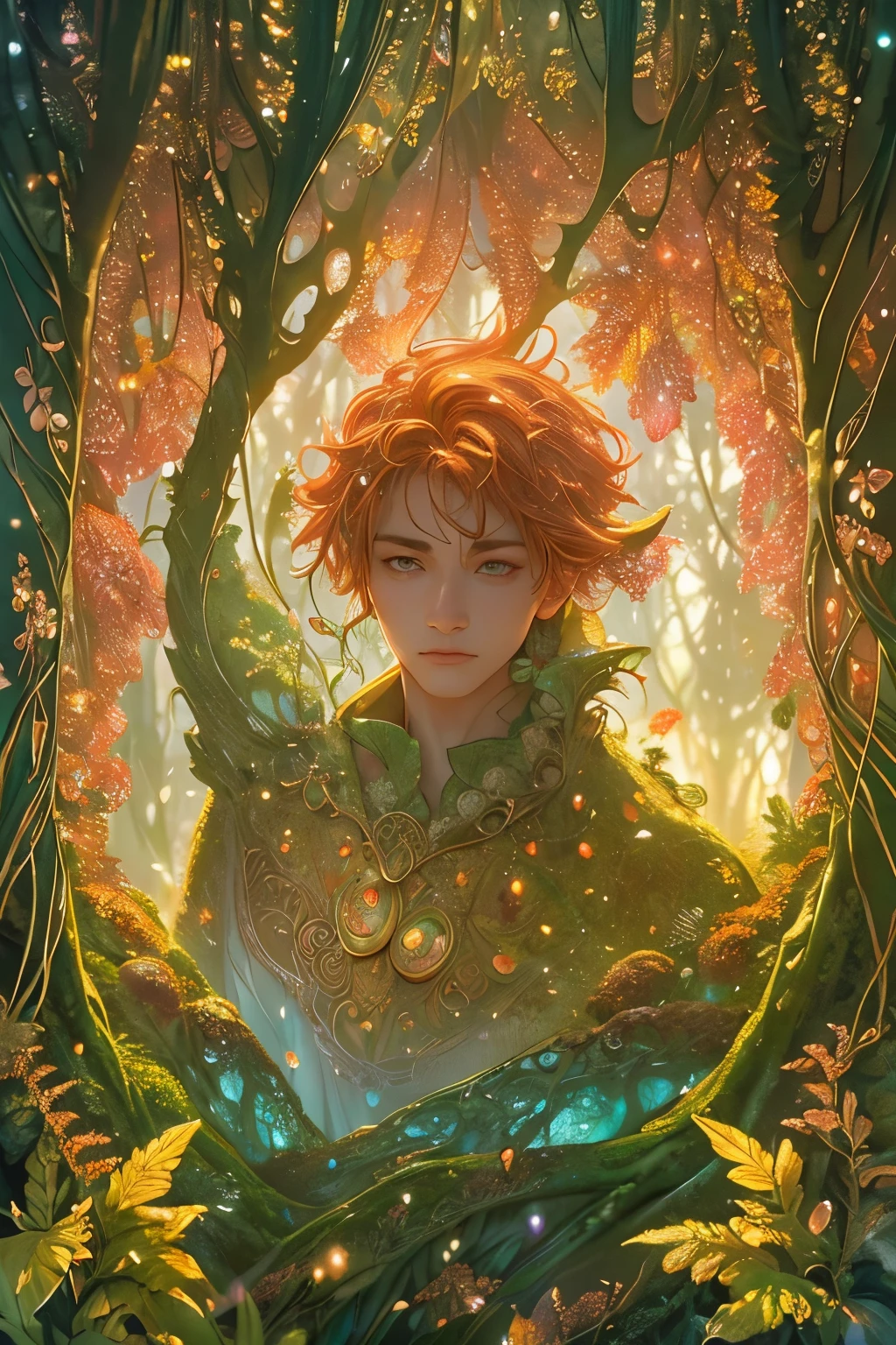 A cute moss covered dewy male male wizard, wrinkled old looking skin, close up in a dewy rain forest with pink orange red and yellow forest colors, fall colors, intricate wizarding costume cragged materials, In a tilt-shift, macro-photographed scene with a shallow depth of field, a tiny, iridescent mystic wizard, intricate gnarled leather wizarding boots, its body a mesmerizing mosaic of microscopic mirrors and gears, perches on the velvety, emerald-green edge of a dew-kissed leaf, surrounded by a constellation of glistening, crystal-like droplets that refract and reflect the soft, golden light filtering through the forest canopy above, amidst a tapestry of intricate, lace-like ferns and moss-covered twigs, with the blurred, bokeh-rich background a warm, earthy blend of umber, sienna, and olive hues.